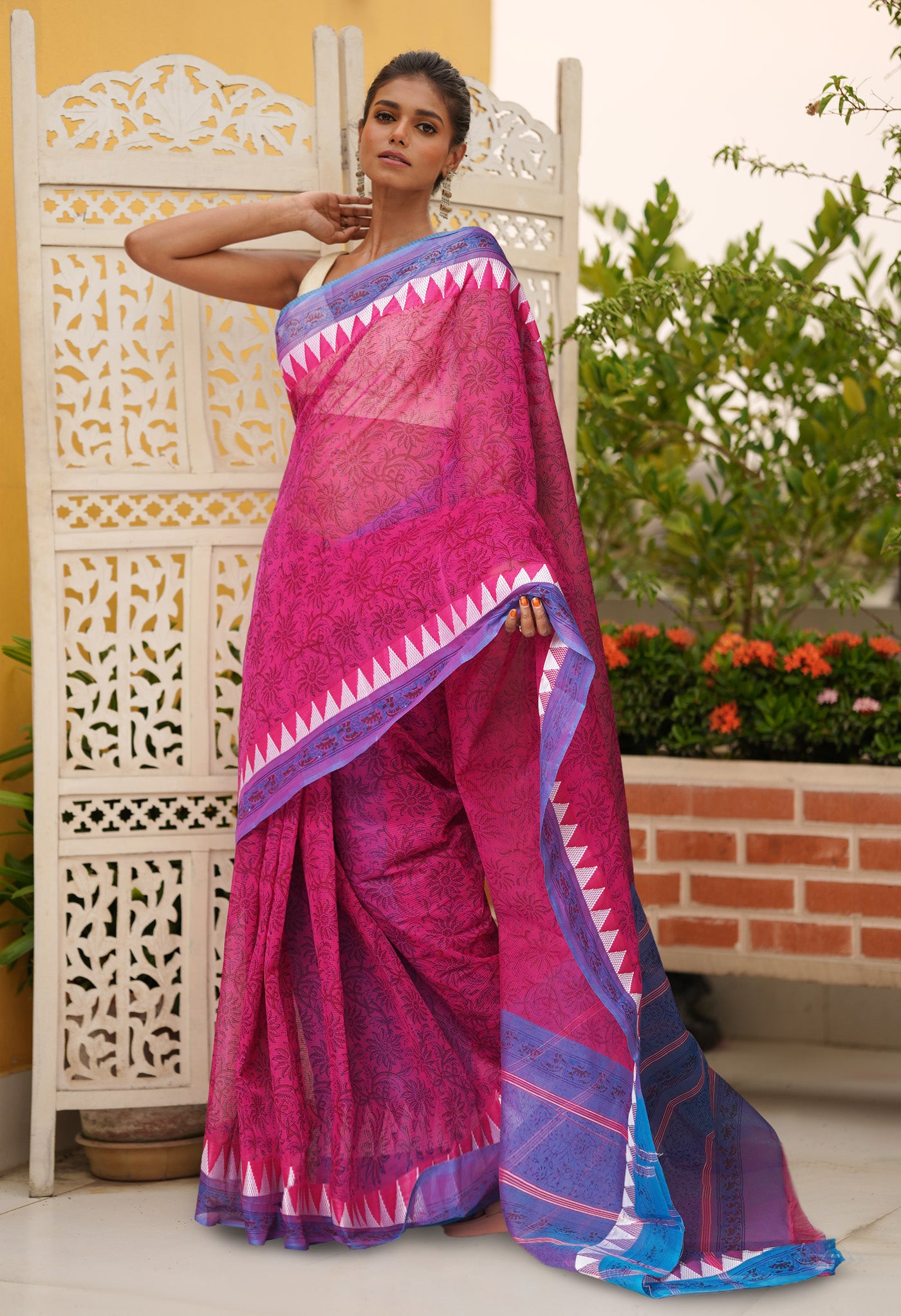 Pink Pure Hand Block Printed Mangalgiri Cotton Saree-UNM81307