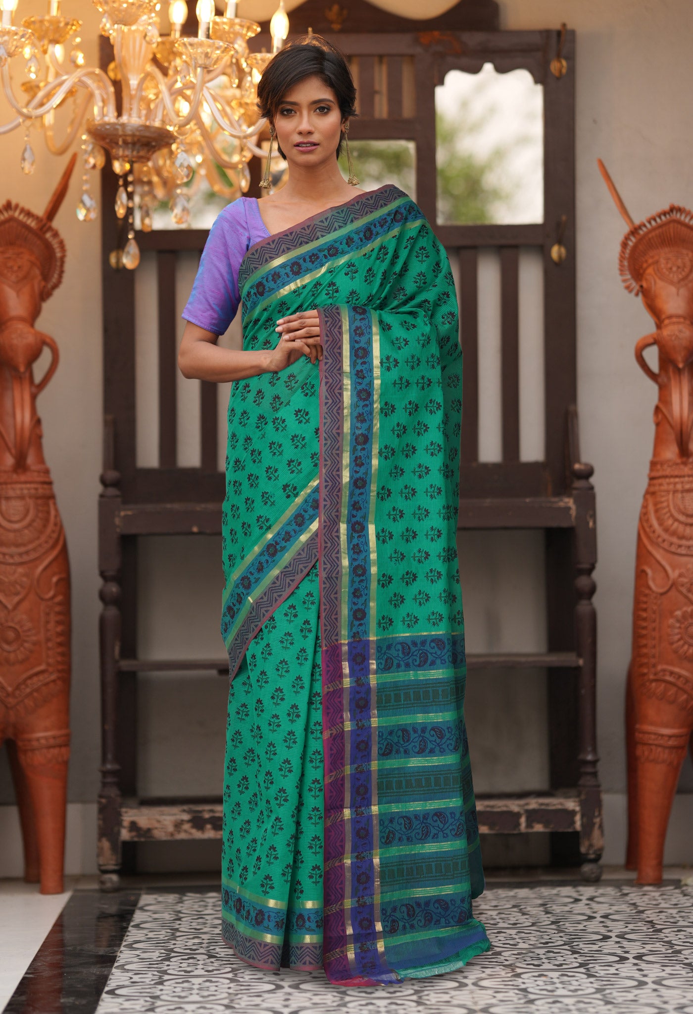 Green Pure Hand Block Printed Mangalgiri Cotton Saree-UNM81310