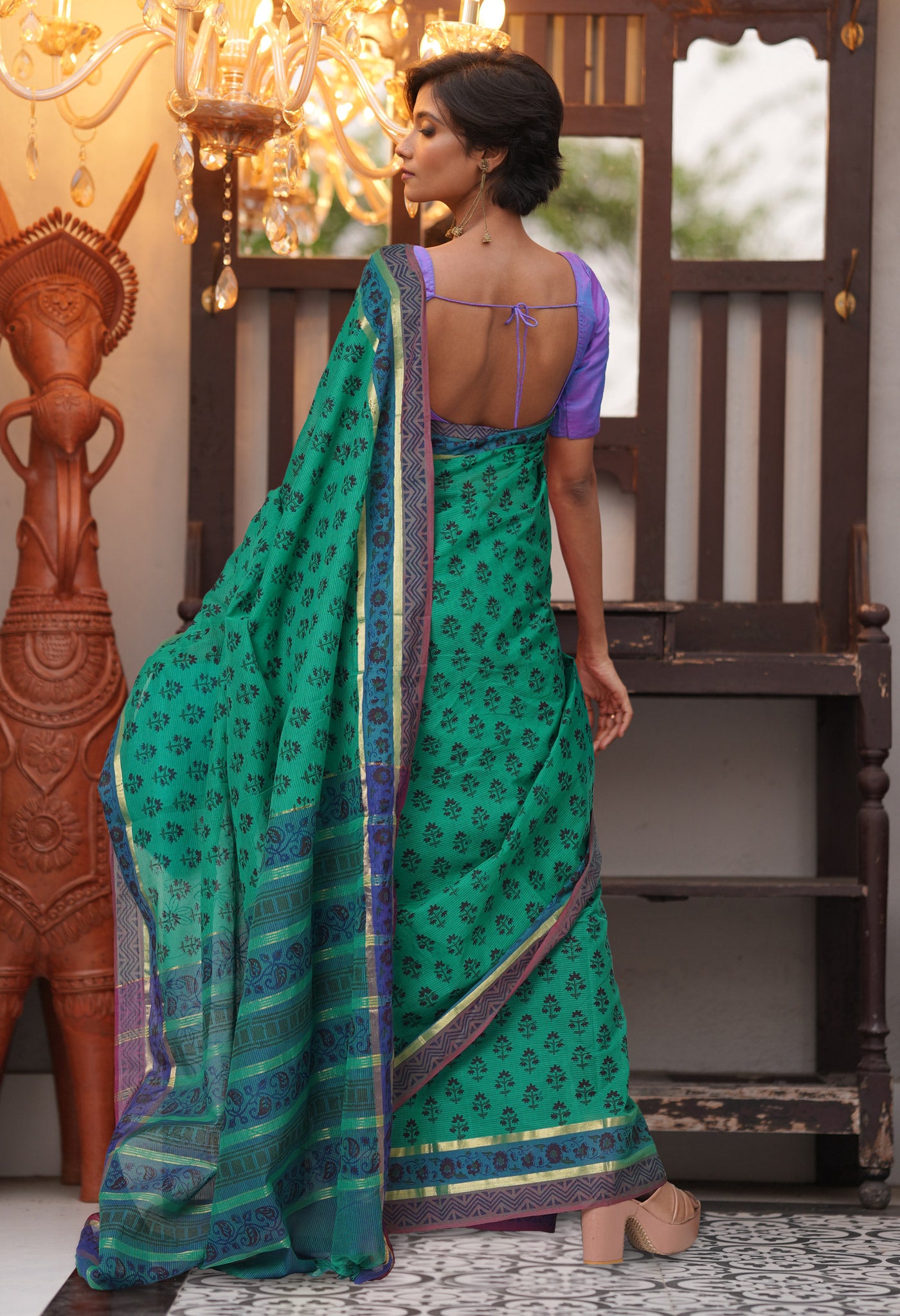 Green Pure Hand Block Printed Mangalgiri Cotton Saree-UNM81310