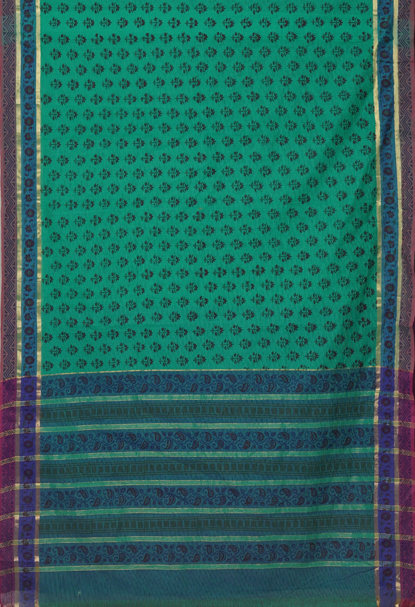 Green Pure Hand Block Printed Mangalgiri Cotton Saree-UNM81310