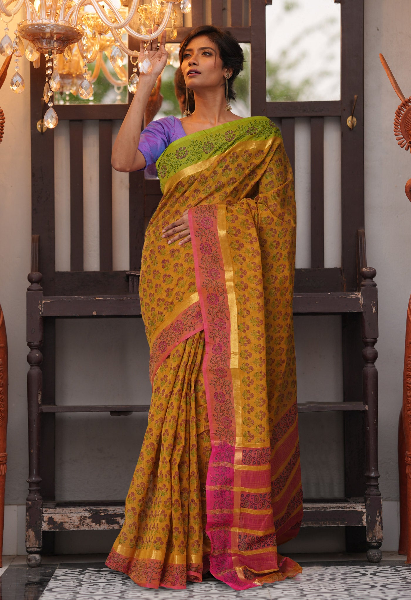 Yellow Pure Hand Block Printed Mangalgiri Cotton Saree-UNM81311