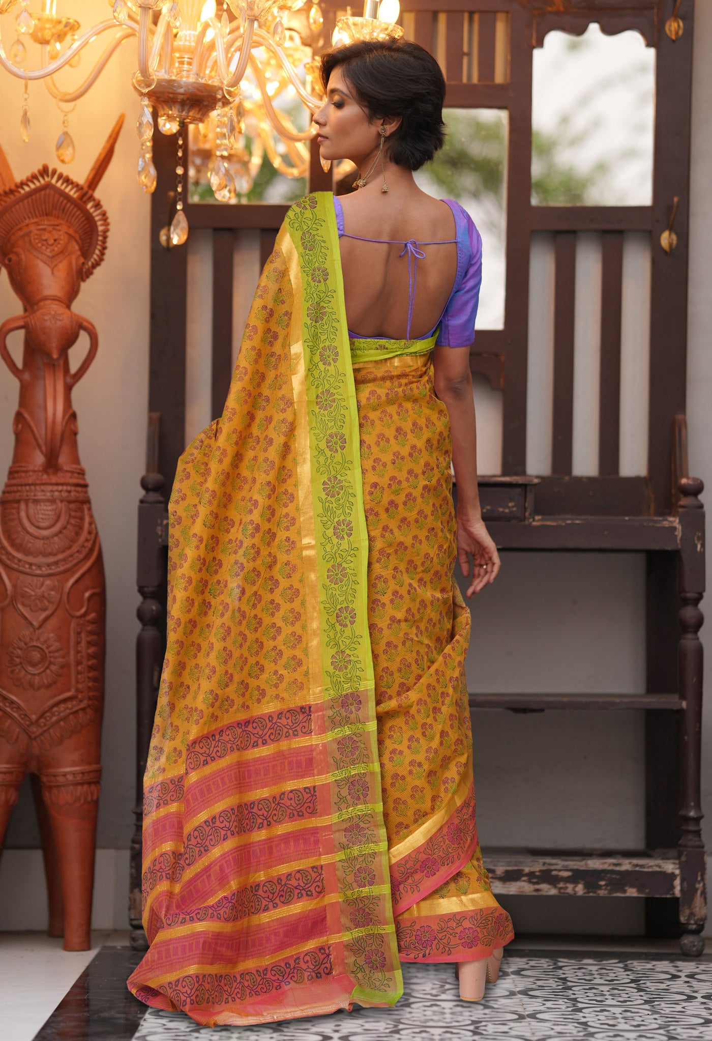 Yellow Pure Hand Block Printed Mangalgiri Cotton Saree-UNM81311