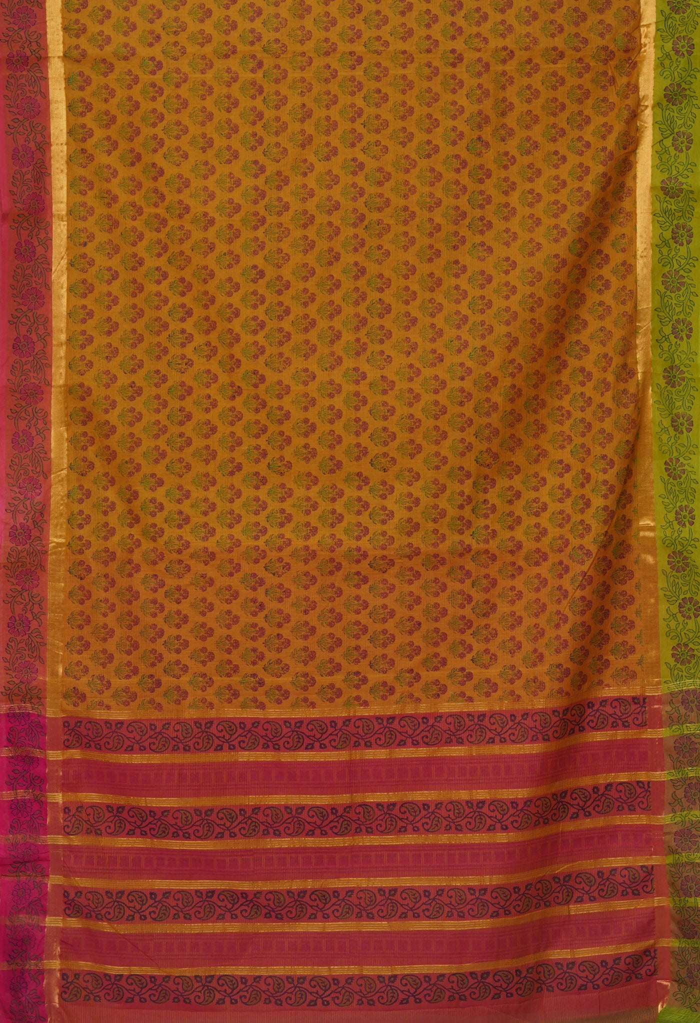 Yellow Pure Hand Block Printed Mangalgiri Cotton Saree-UNM81311