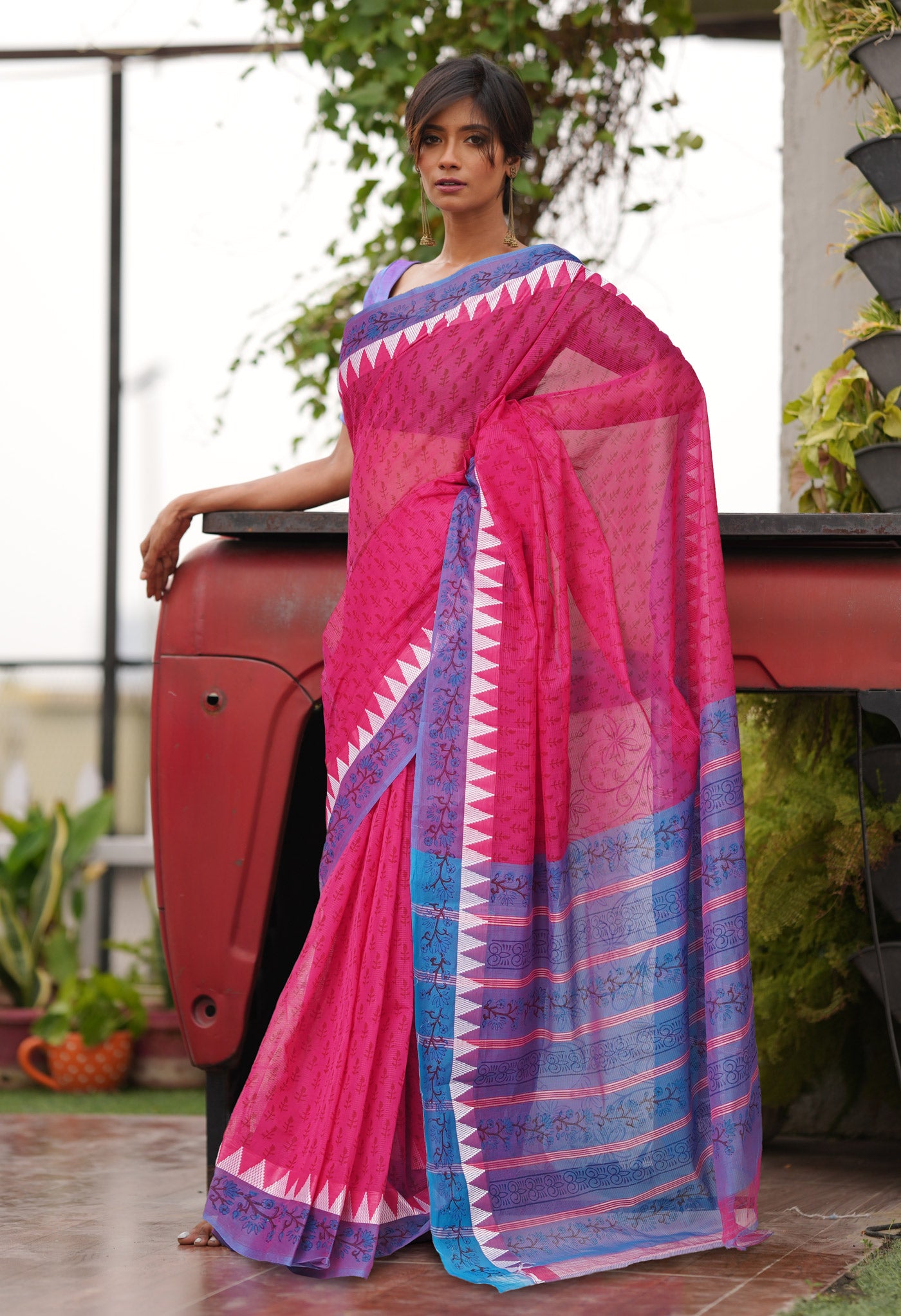 Pink Pure Hand Block Printed Mangalgiri Cotton Saree-UNM81312