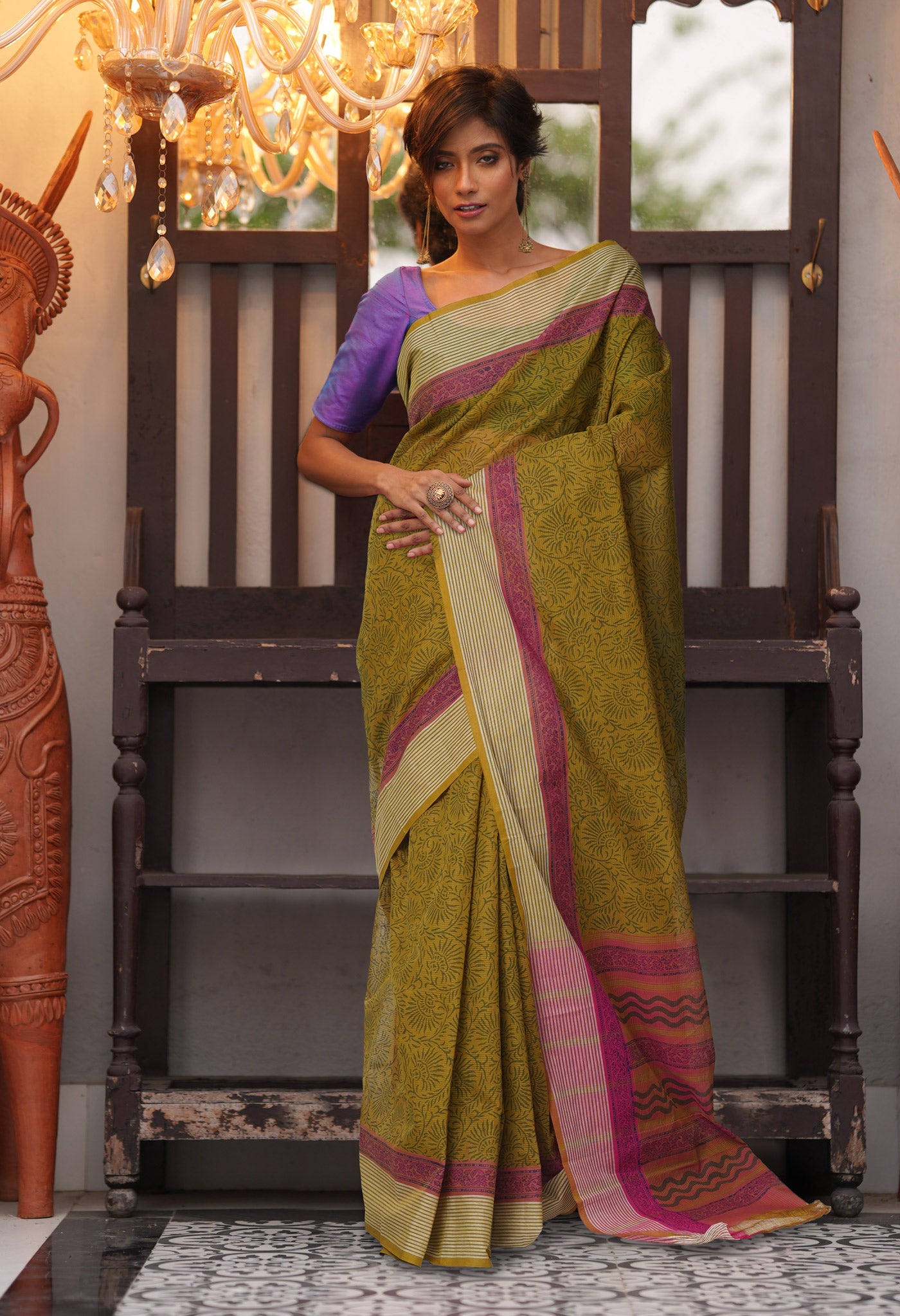 Green Pure Hand Block Printed Mangalgiri Cotton Saree-UNM81314