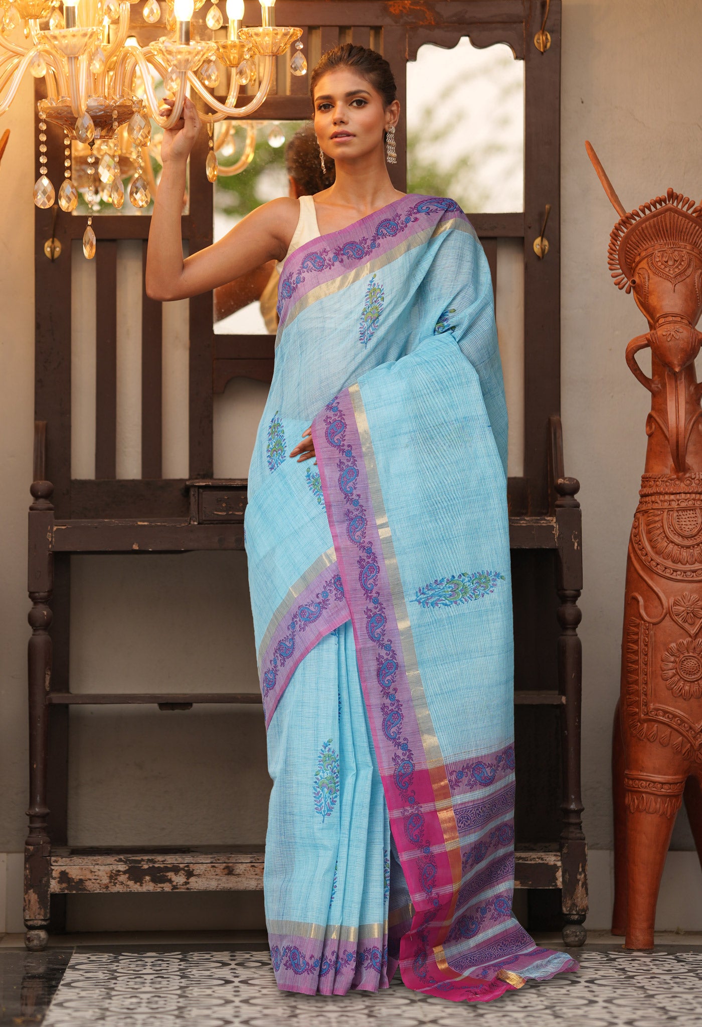 Blue Pure Hand Block Printed Mangalgiri Cotton Saree-UNM81315