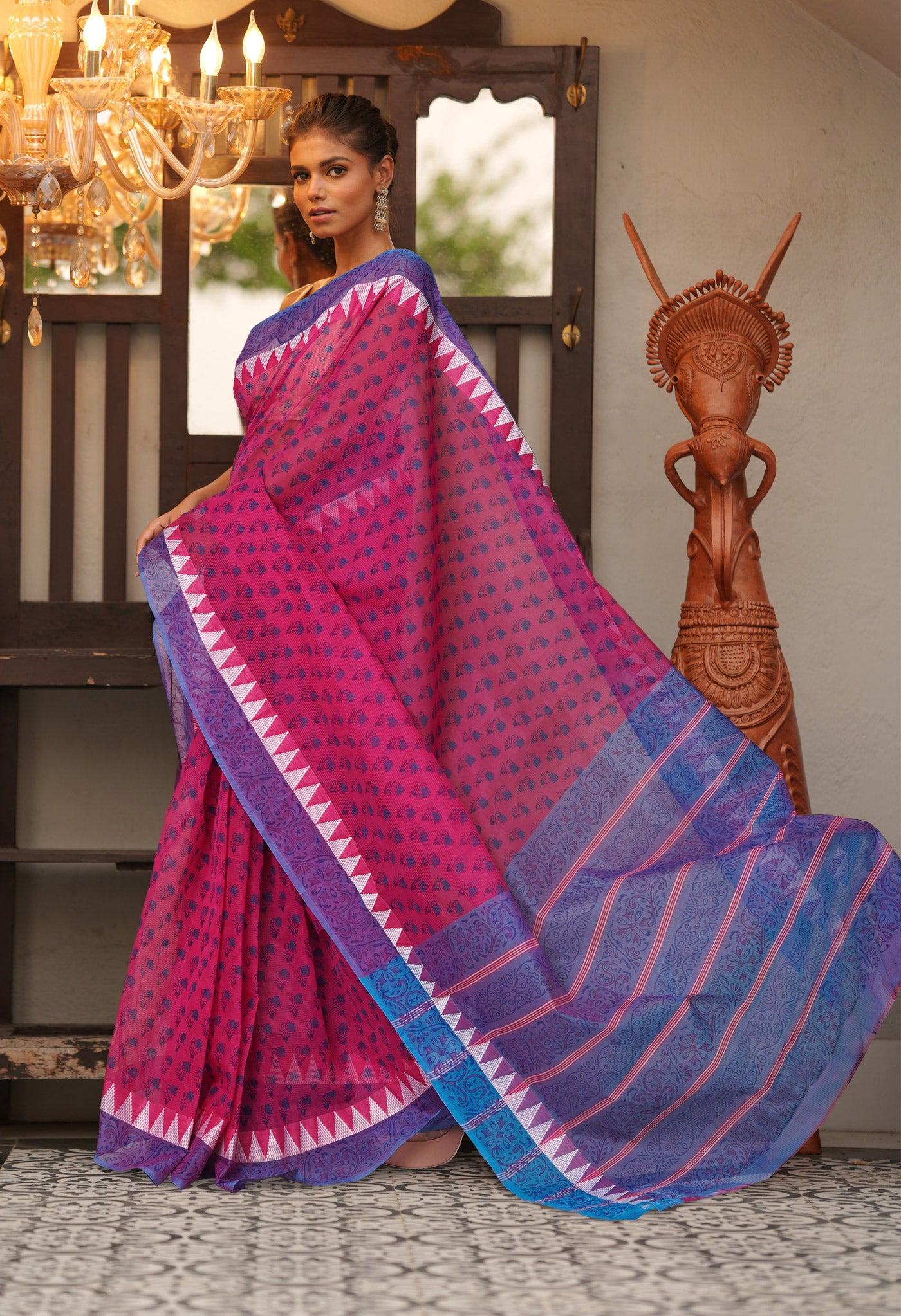 Pink Pure Hand Block Printed Mangalgiri Cotton Saree-UNM81316