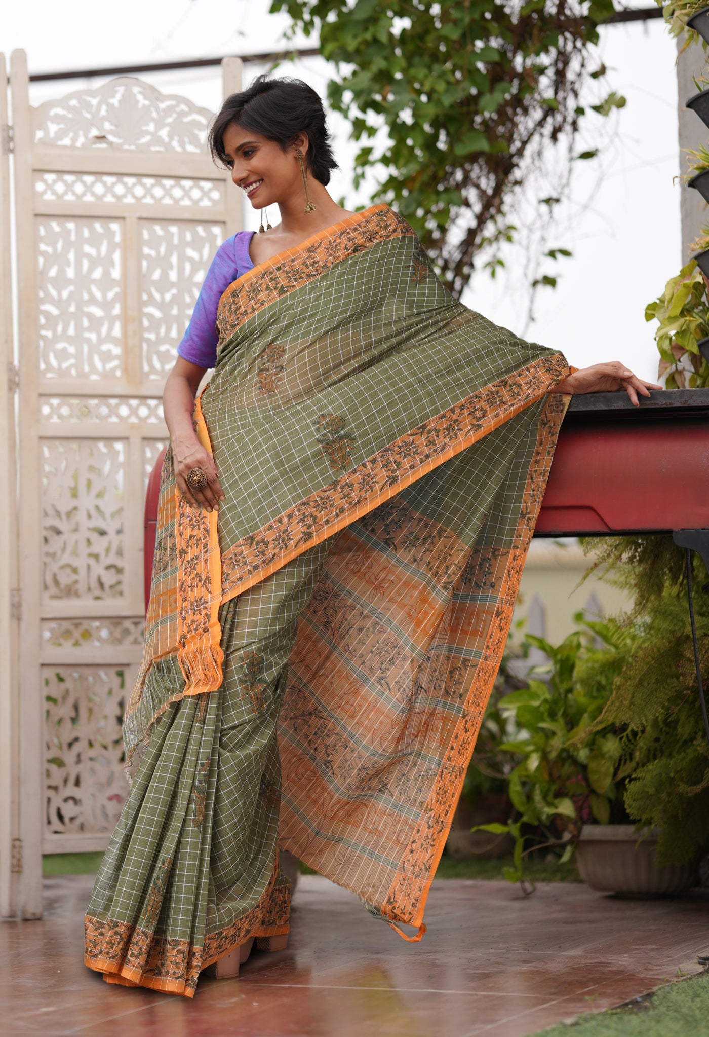 Green Pure Hand Block Printed Mangalgiri Cotton Saree-UNM81317