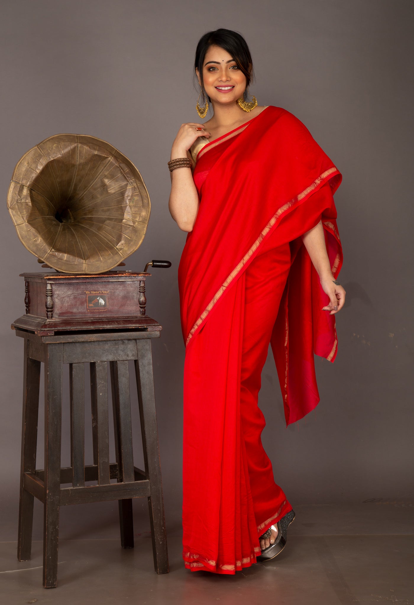 Red Pure Plain Chanderi Sico Saree With Kalamkari Blouse Piece-UNM81557