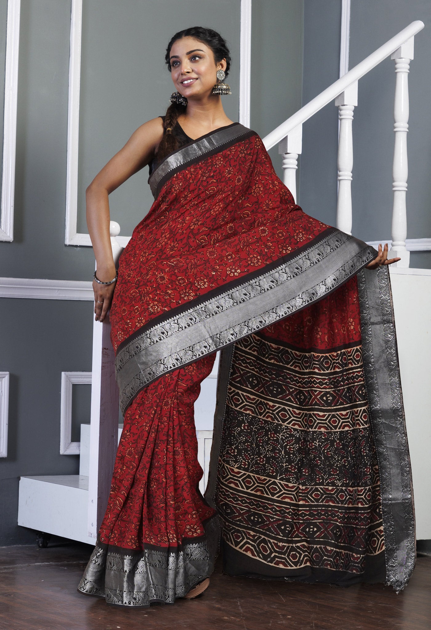 Red Pure  Ajrakh Printed Soft Silk Saree-UNM81563