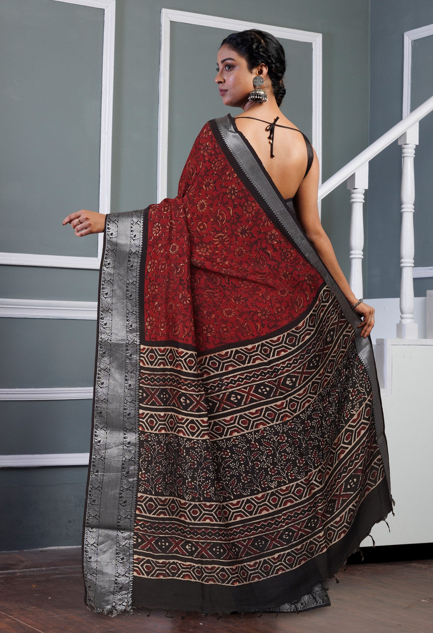 Red Pure  Ajrakh Printed Soft Silk Saree-UNM81563