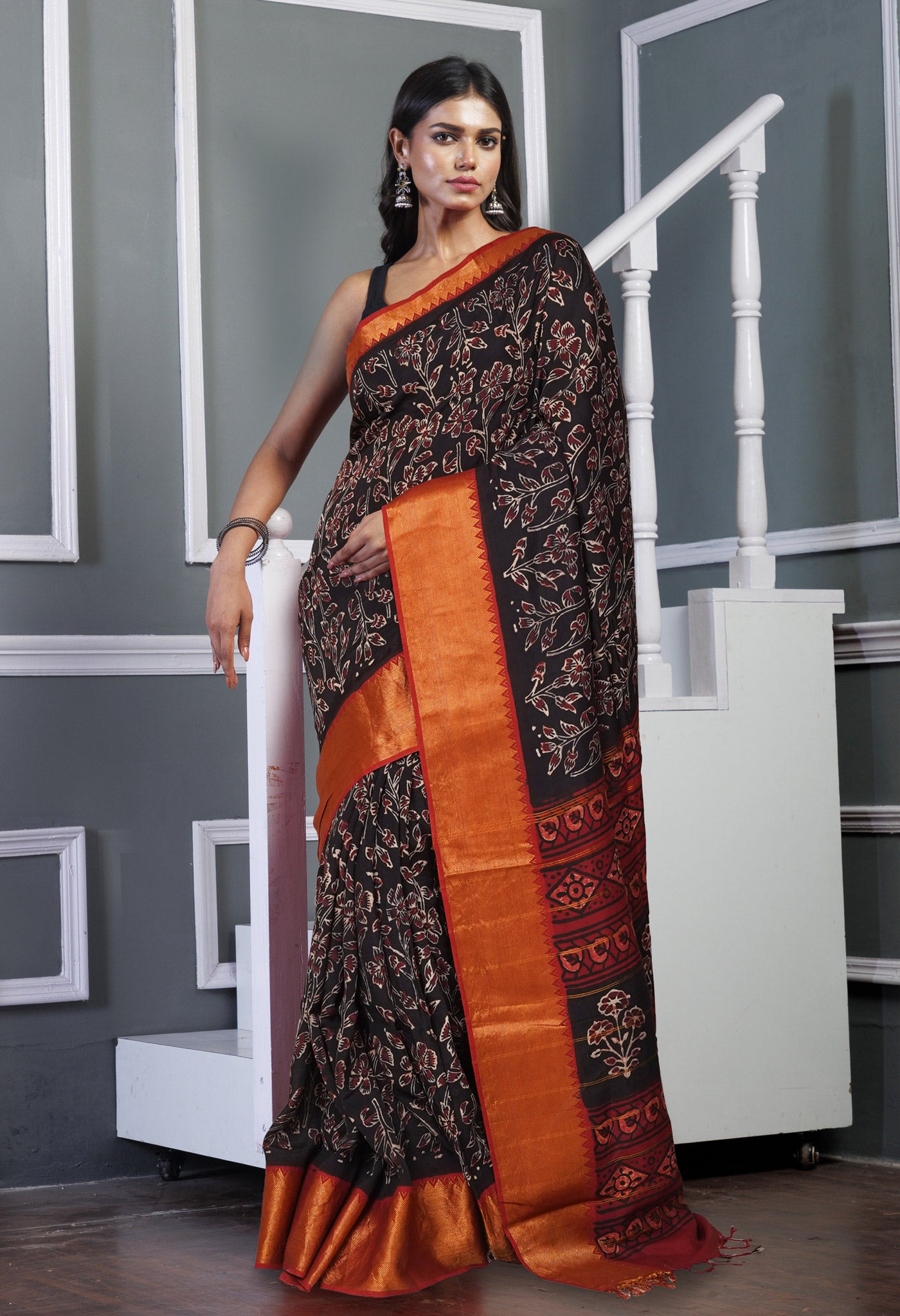 Black Pure  Ajrakh Printed Soft Silk Saree-UNM81564