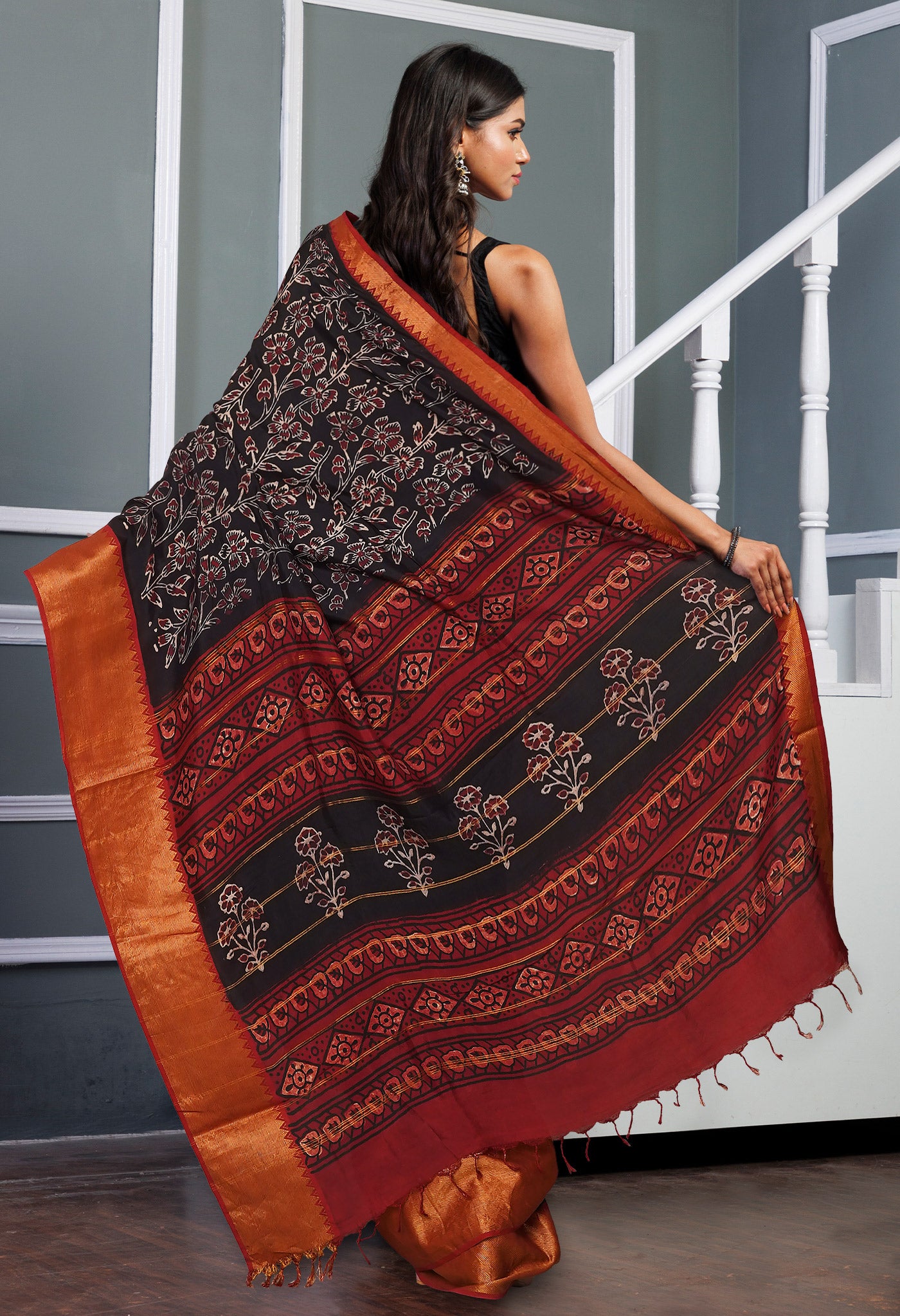 Black Pure  Ajrakh Printed Soft Silk Saree-UNM81564