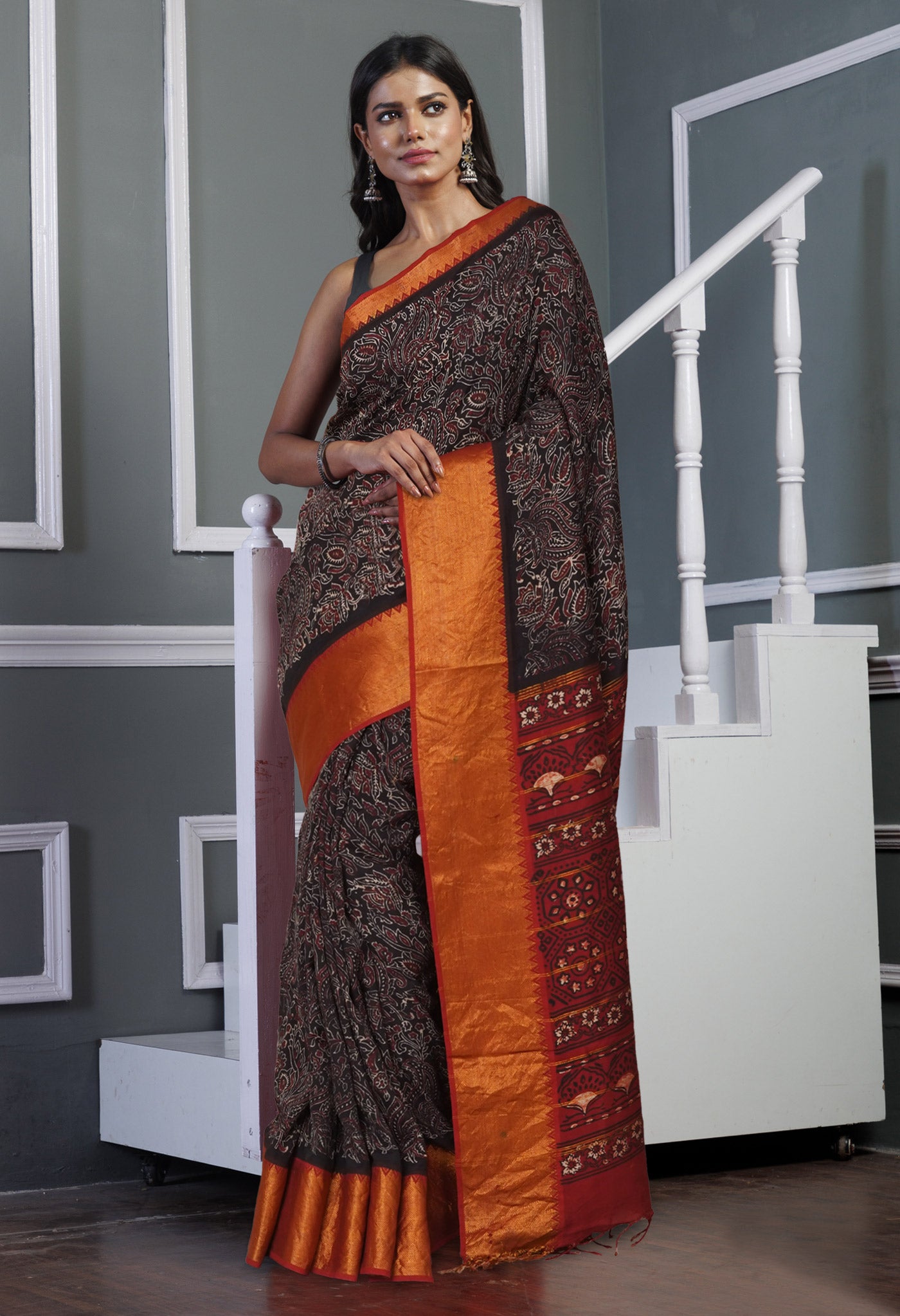 Black Pure  Ajrakh Printed Soft Silk Saree-UNM81565