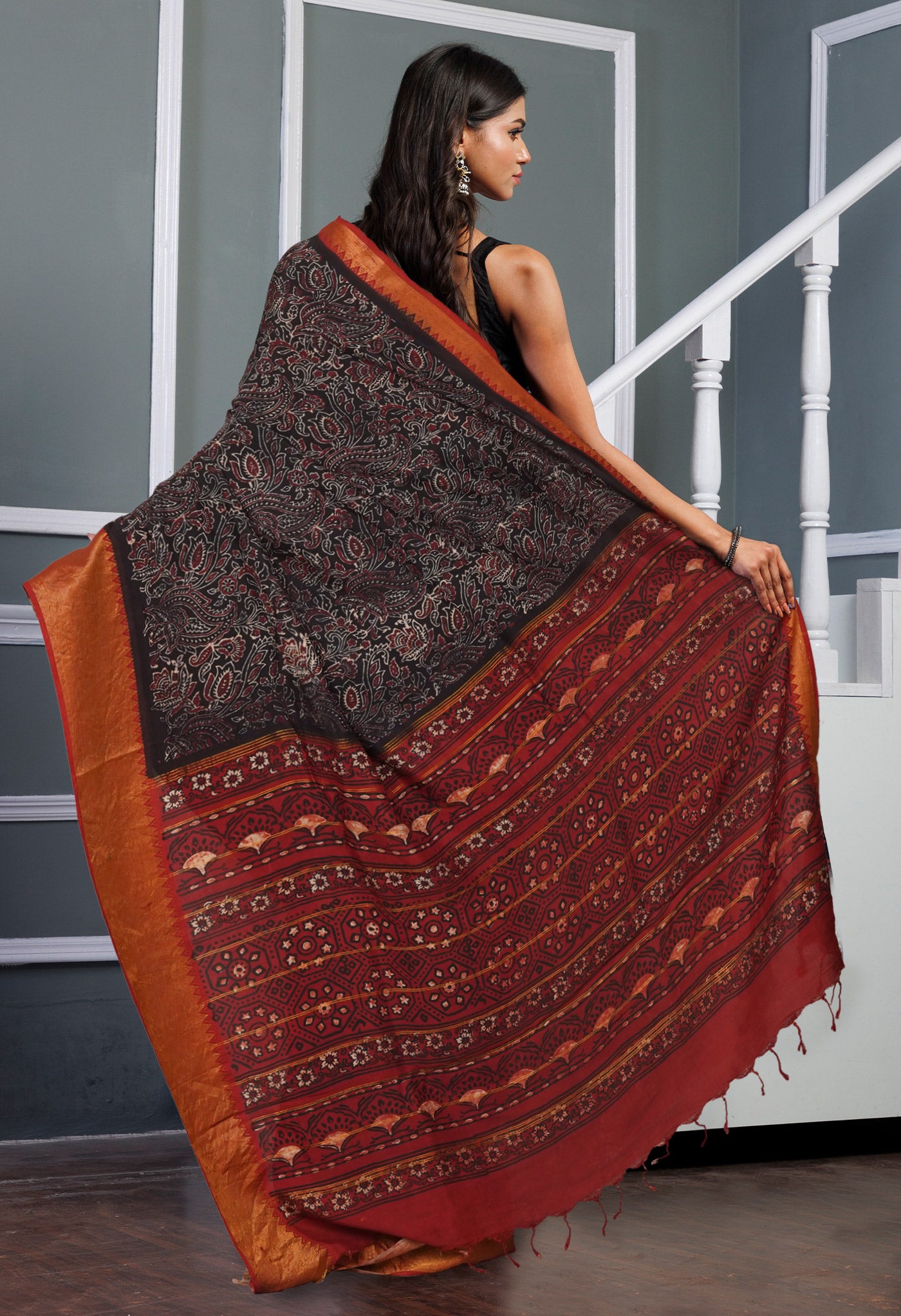 Black Pure  Ajrakh Printed Soft Silk Saree-UNM81565