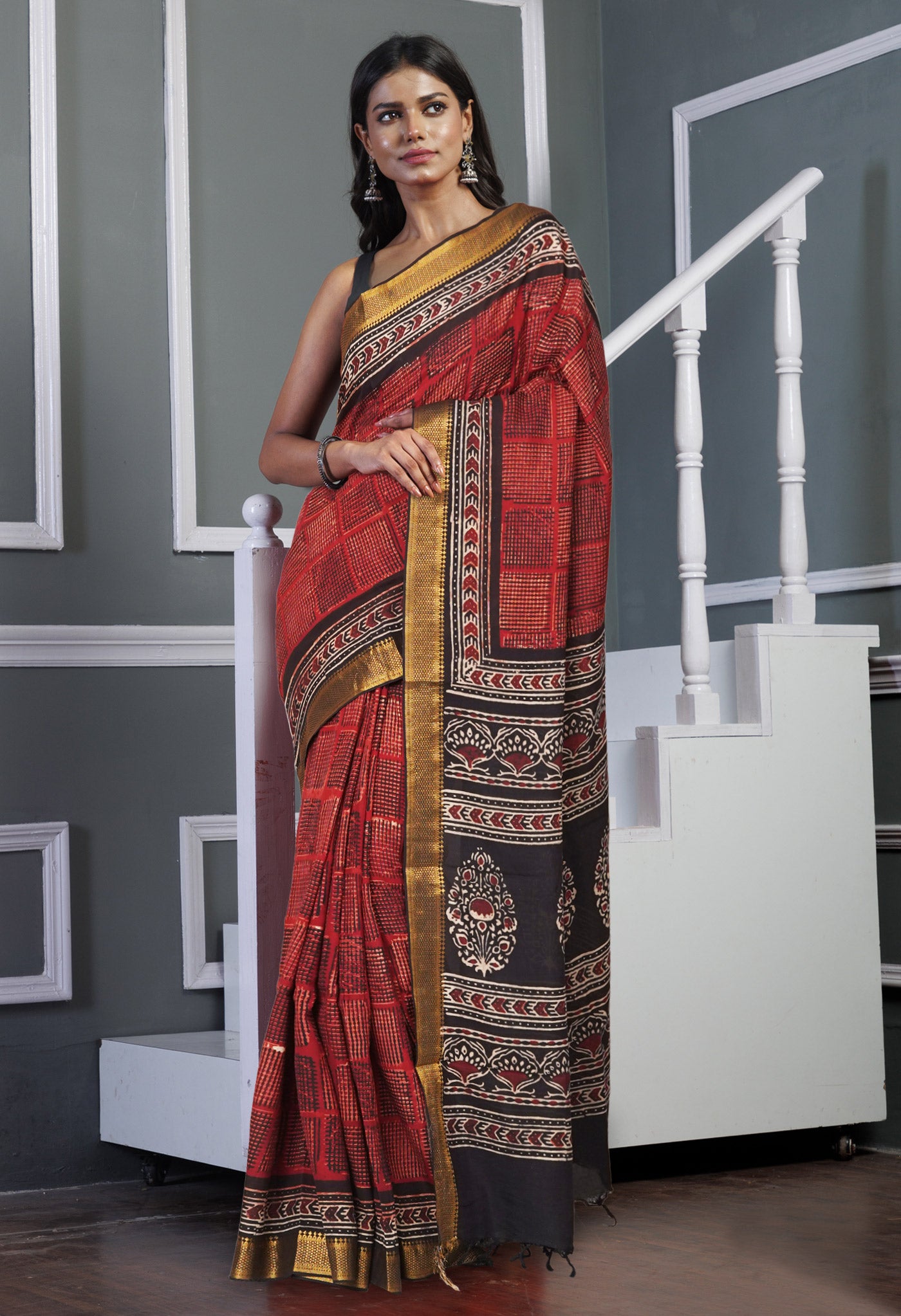 Red Pure  Ajrakh Printed Soft Silk Saree-UNM81566