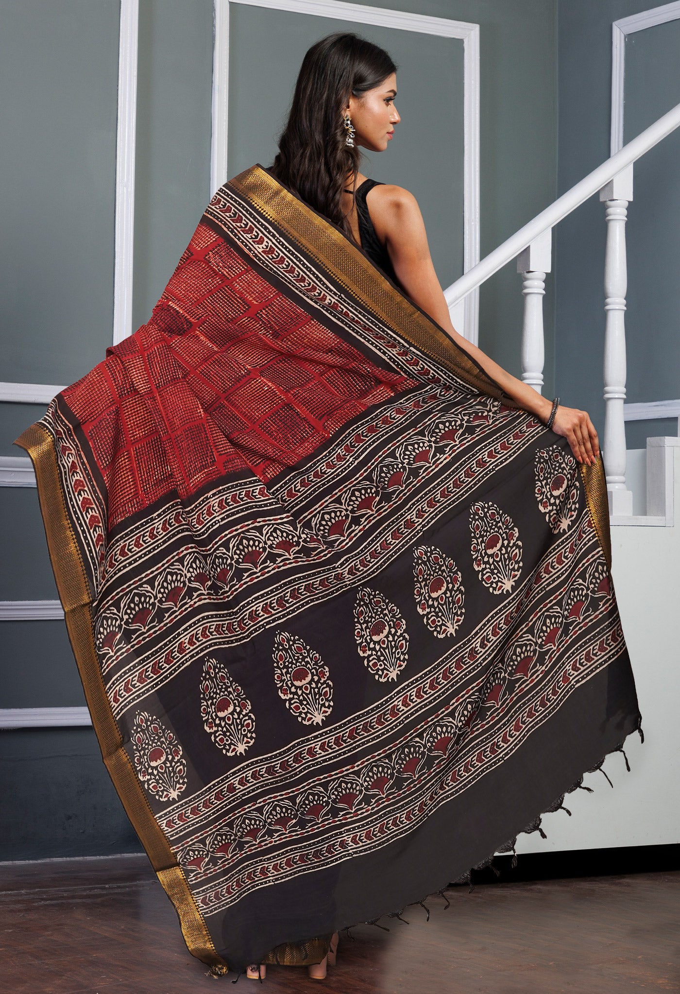 Red Pure  Ajrakh Printed Soft Silk Saree-UNM81566