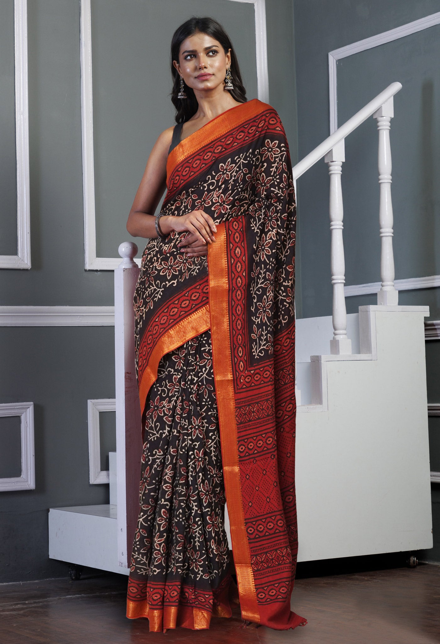 Black Pure  Ajrakh Printed Soft Silk Saree-UNM81568