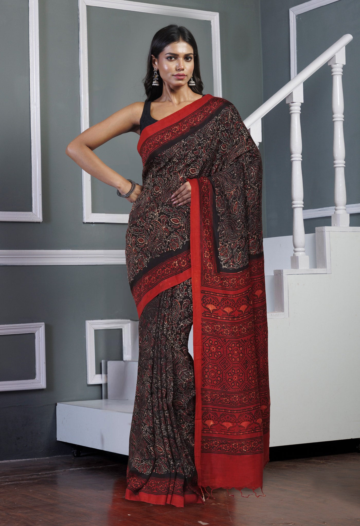 Black Pure  Ajrakh Printed Soft Silk Saree-UNM81570