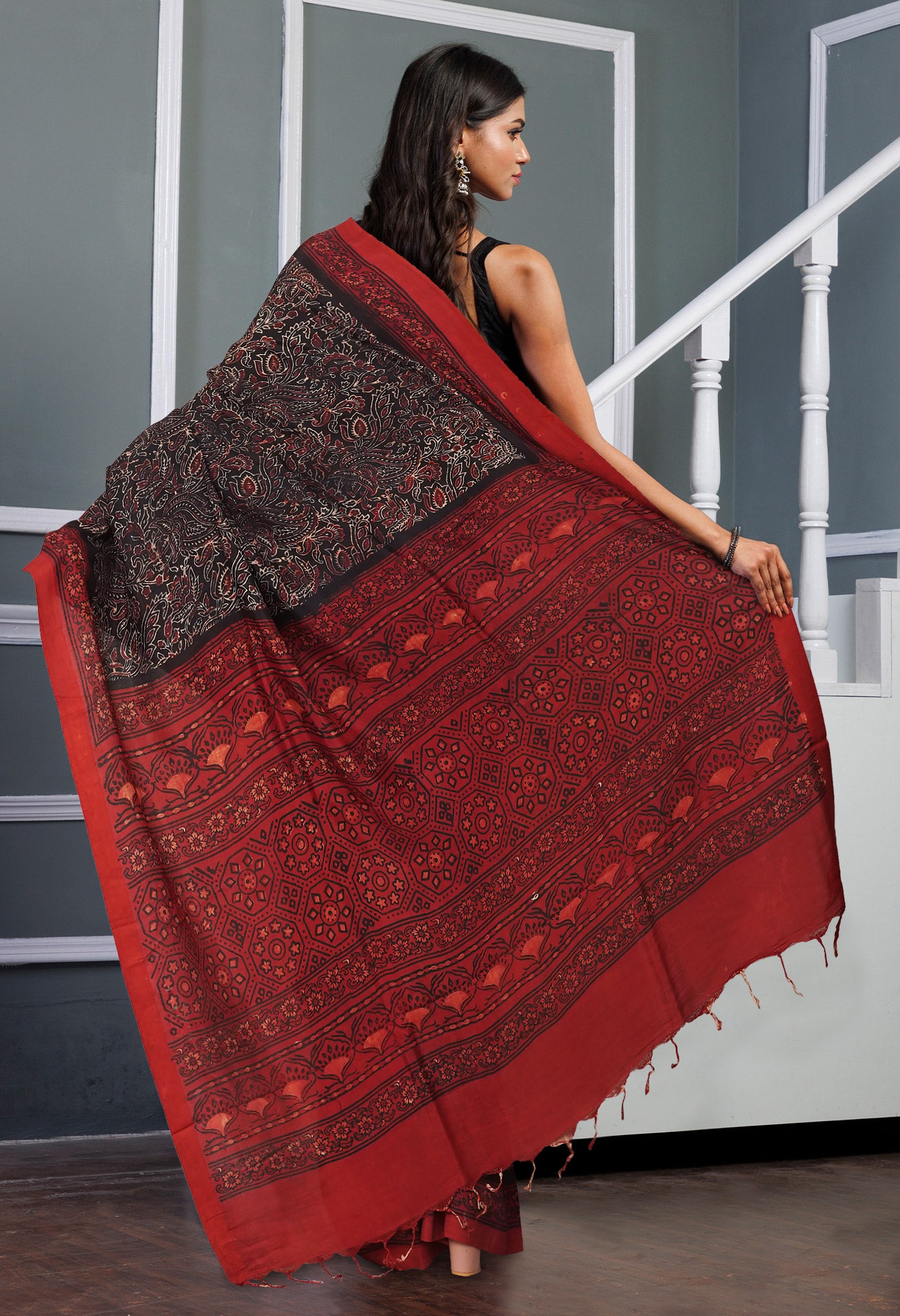 Black Pure  Ajrakh Printed Soft Silk Saree-UNM81570