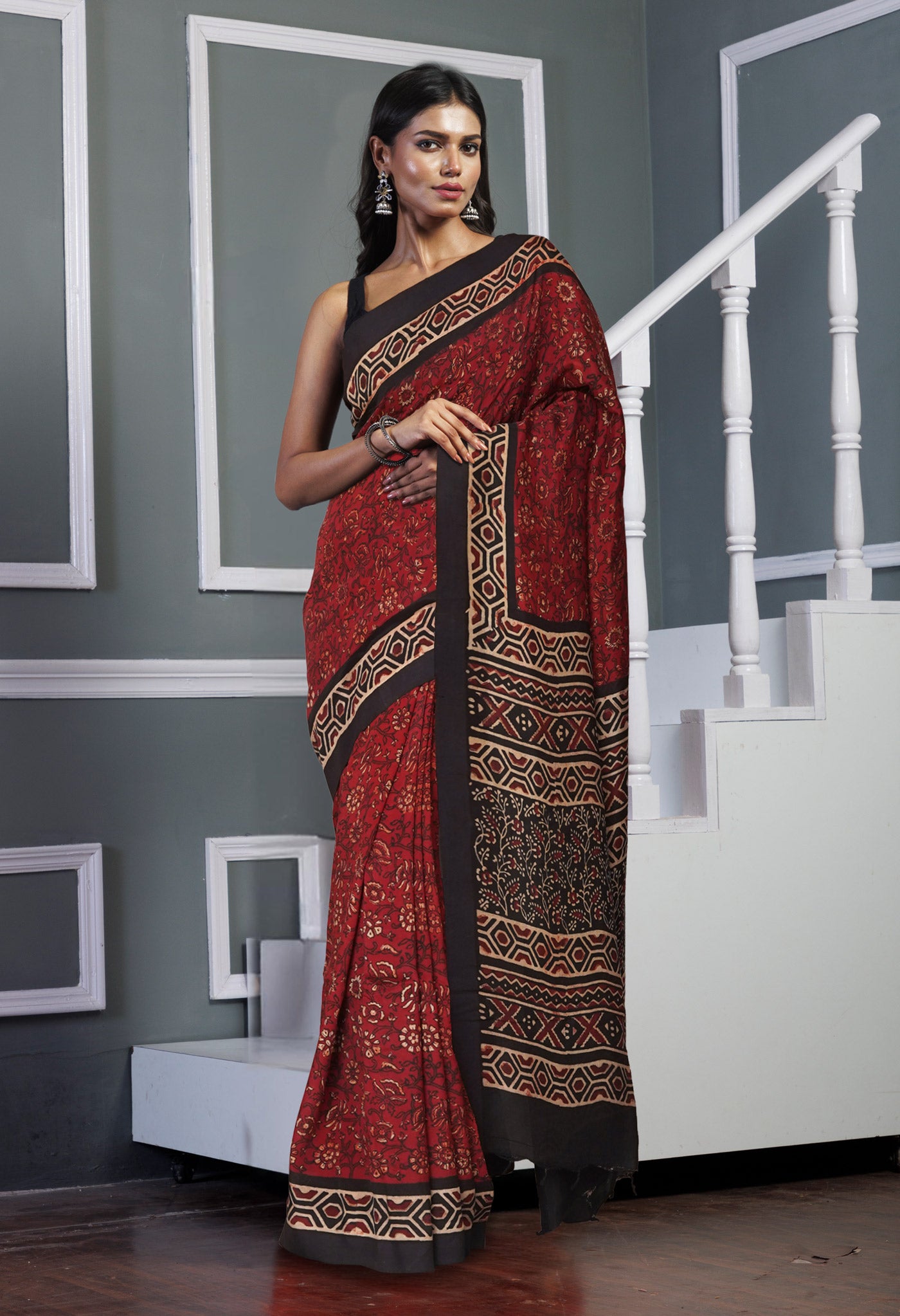 Red Pure  Ajrakh Printed Soft Silk Saree-UNM81571