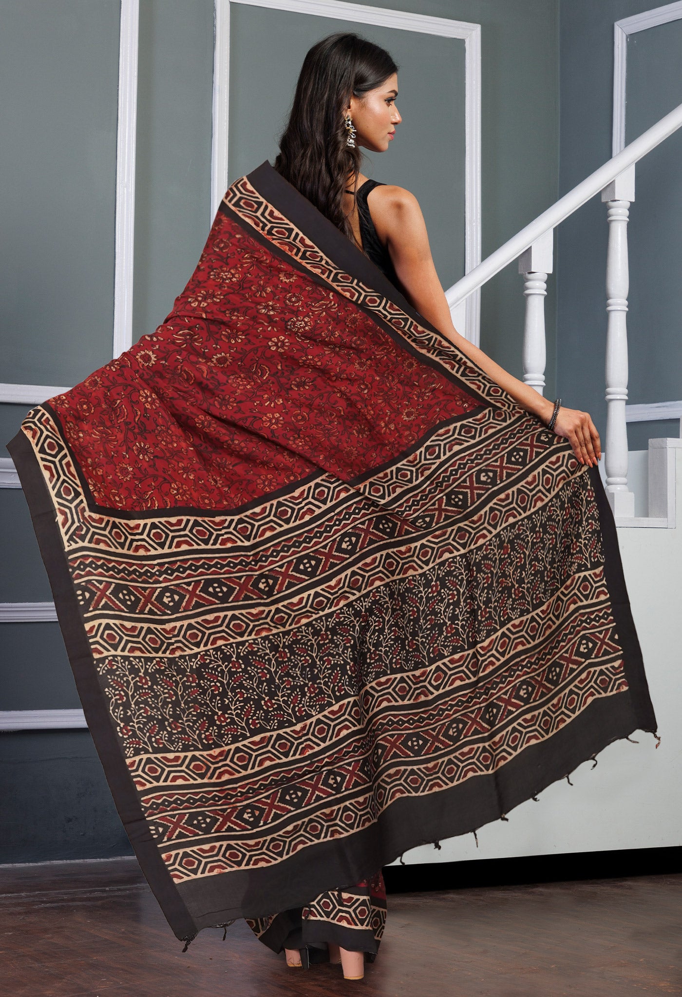 Red Pure  Ajrakh Printed Soft Silk Saree-UNM81571