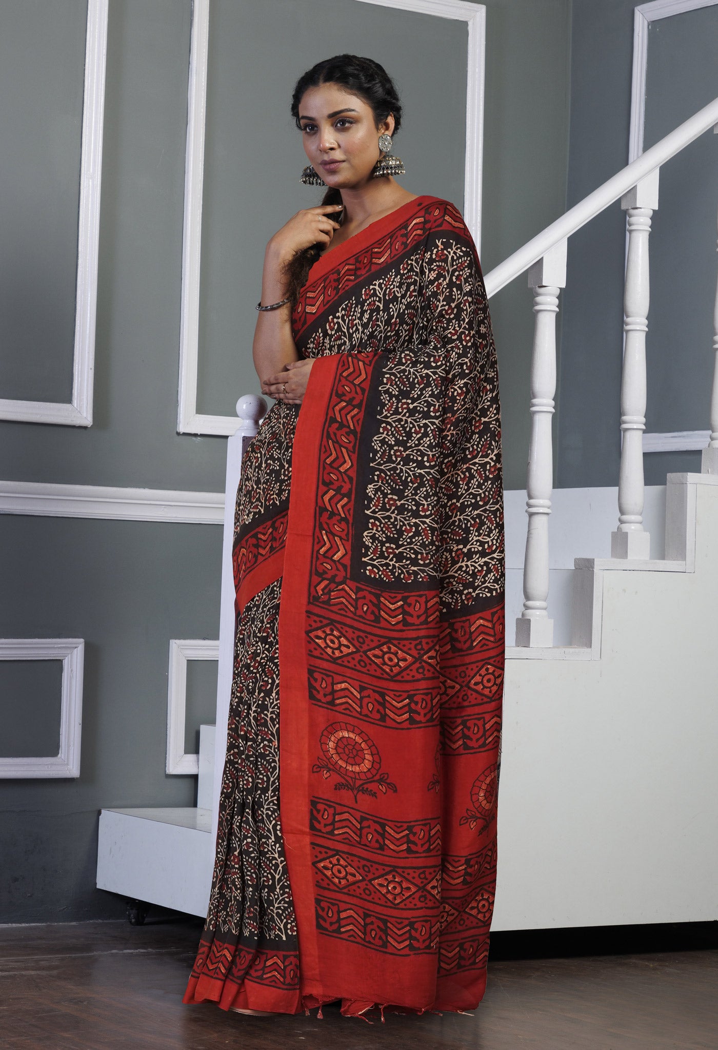 Black Pure  Ajrakh Printed Soft Silk Saree-UNM81572