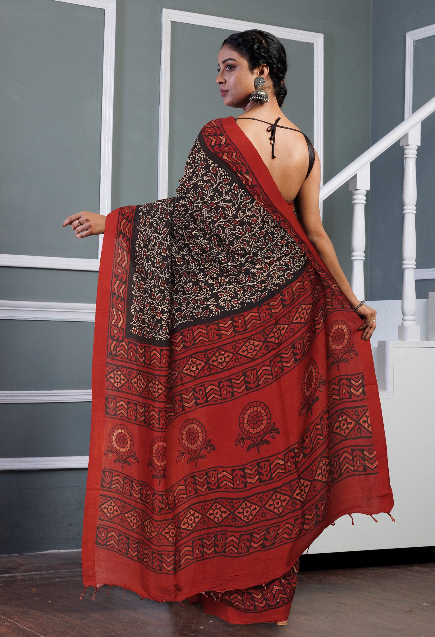 Black Pure  Ajrakh Printed Soft Silk Saree-UNM81572