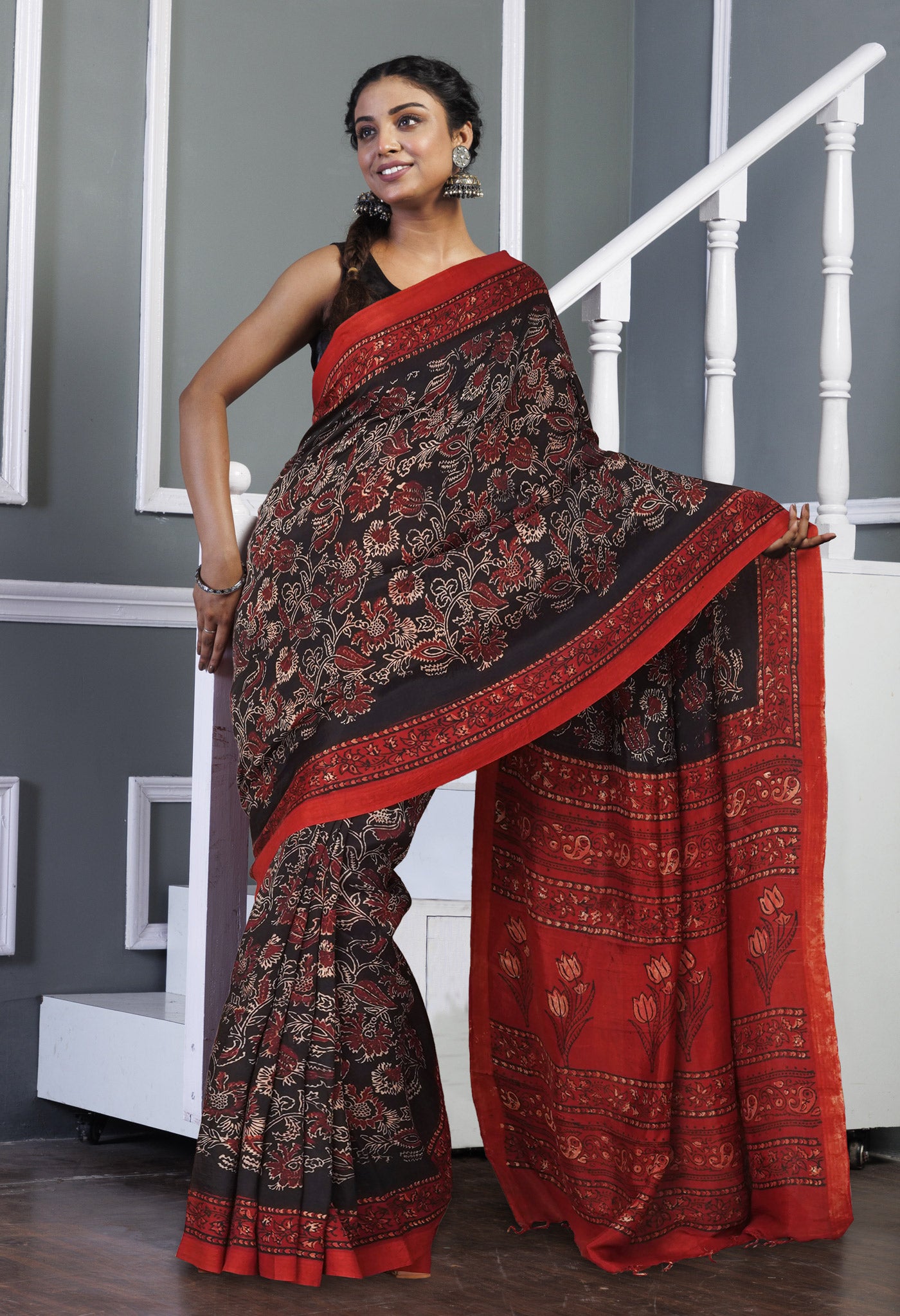 Black Pure  Ajrakh Printed Soft Silk Saree-UNM81574