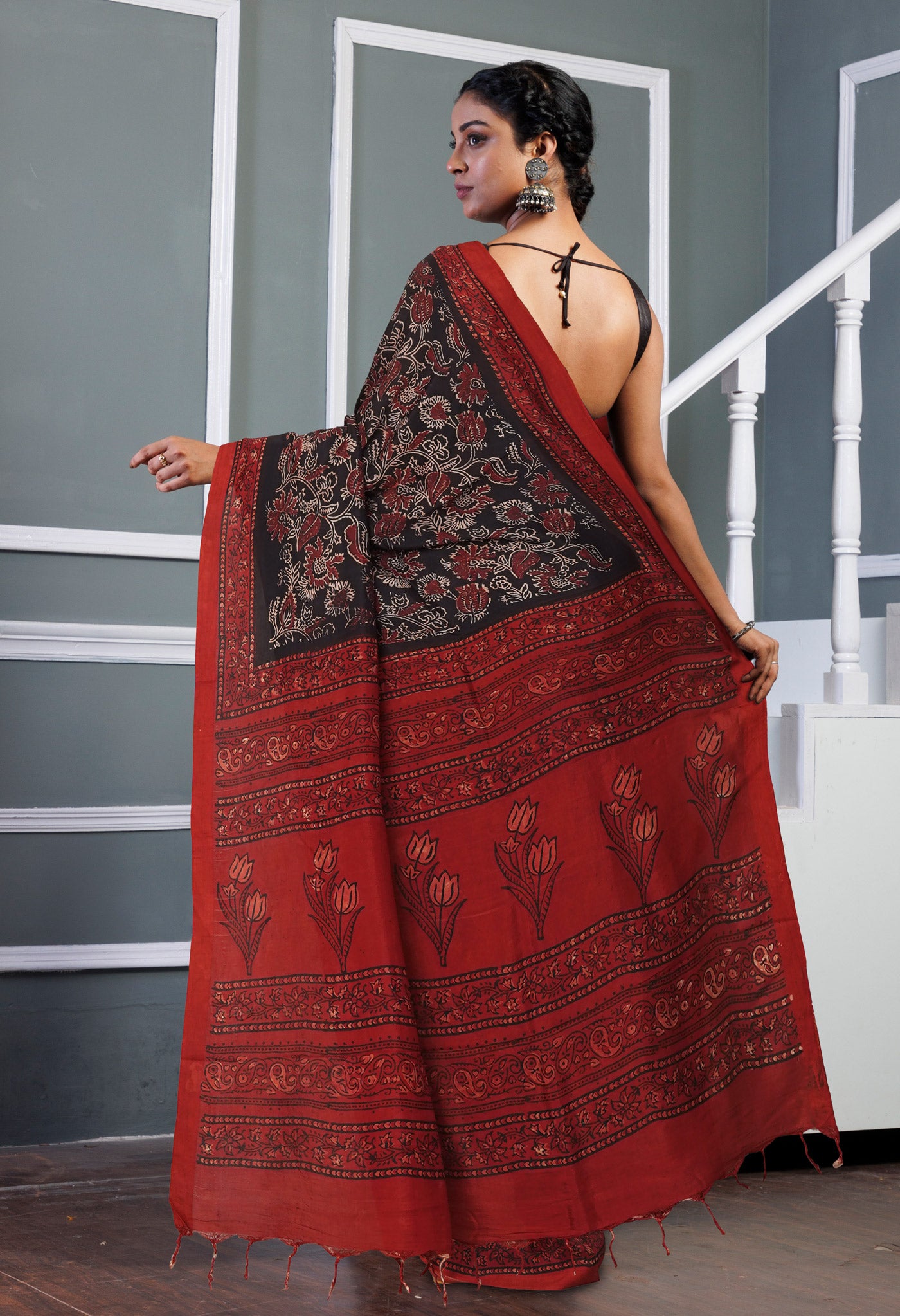 Black Pure  Ajrakh Printed Soft Silk Saree-UNM81574