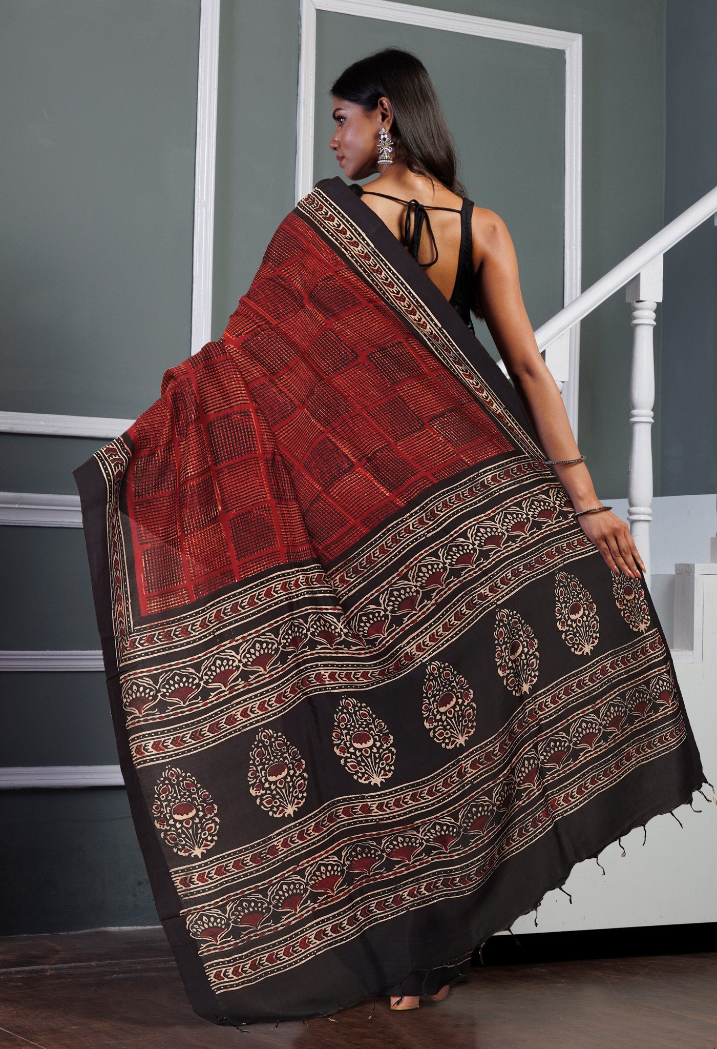 Red Pure  Ajrakh Printed Soft Silk Saree-UNM81575