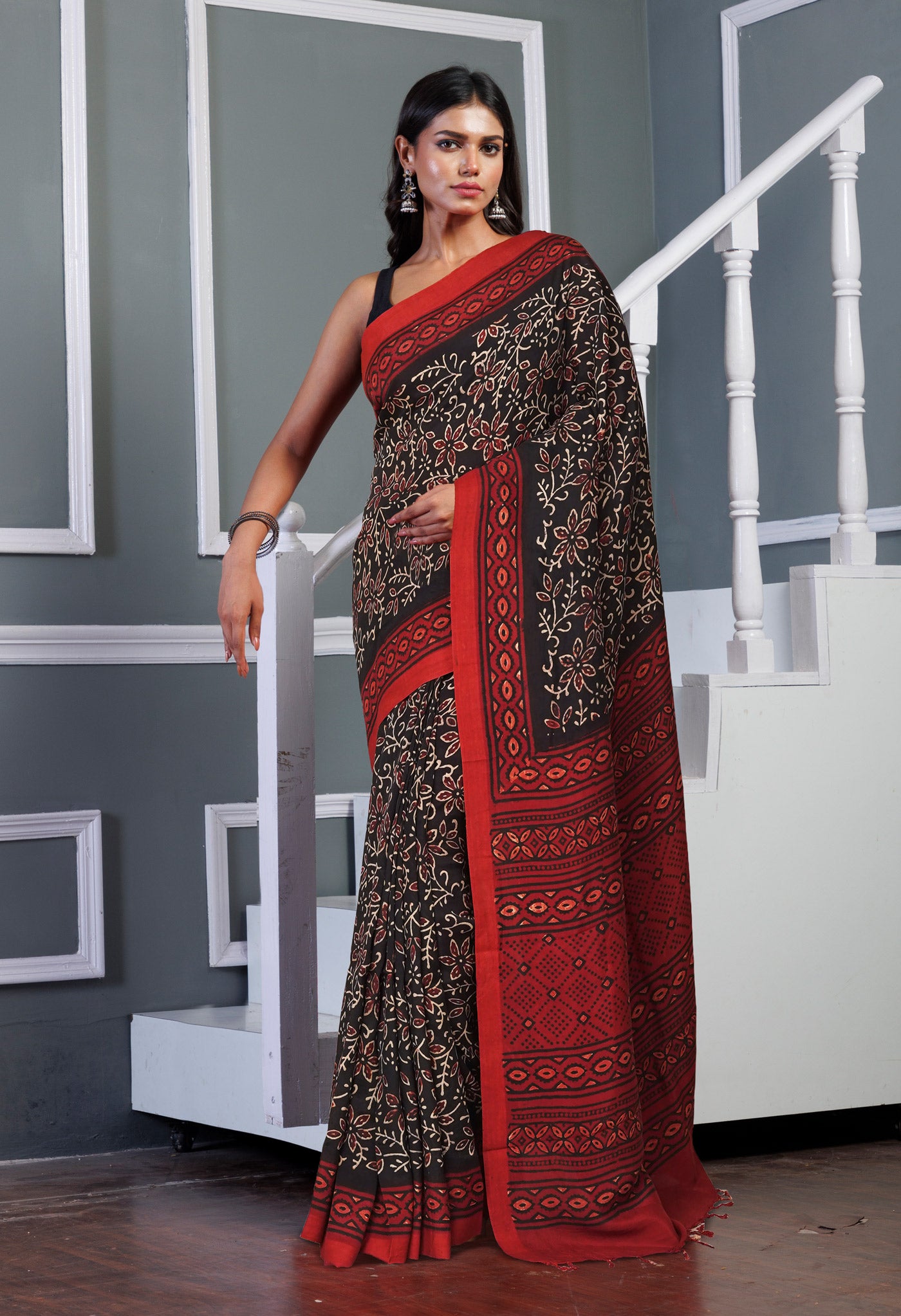 Black Pure  Ajrakh Printed Soft Silk Saree-UNM81576