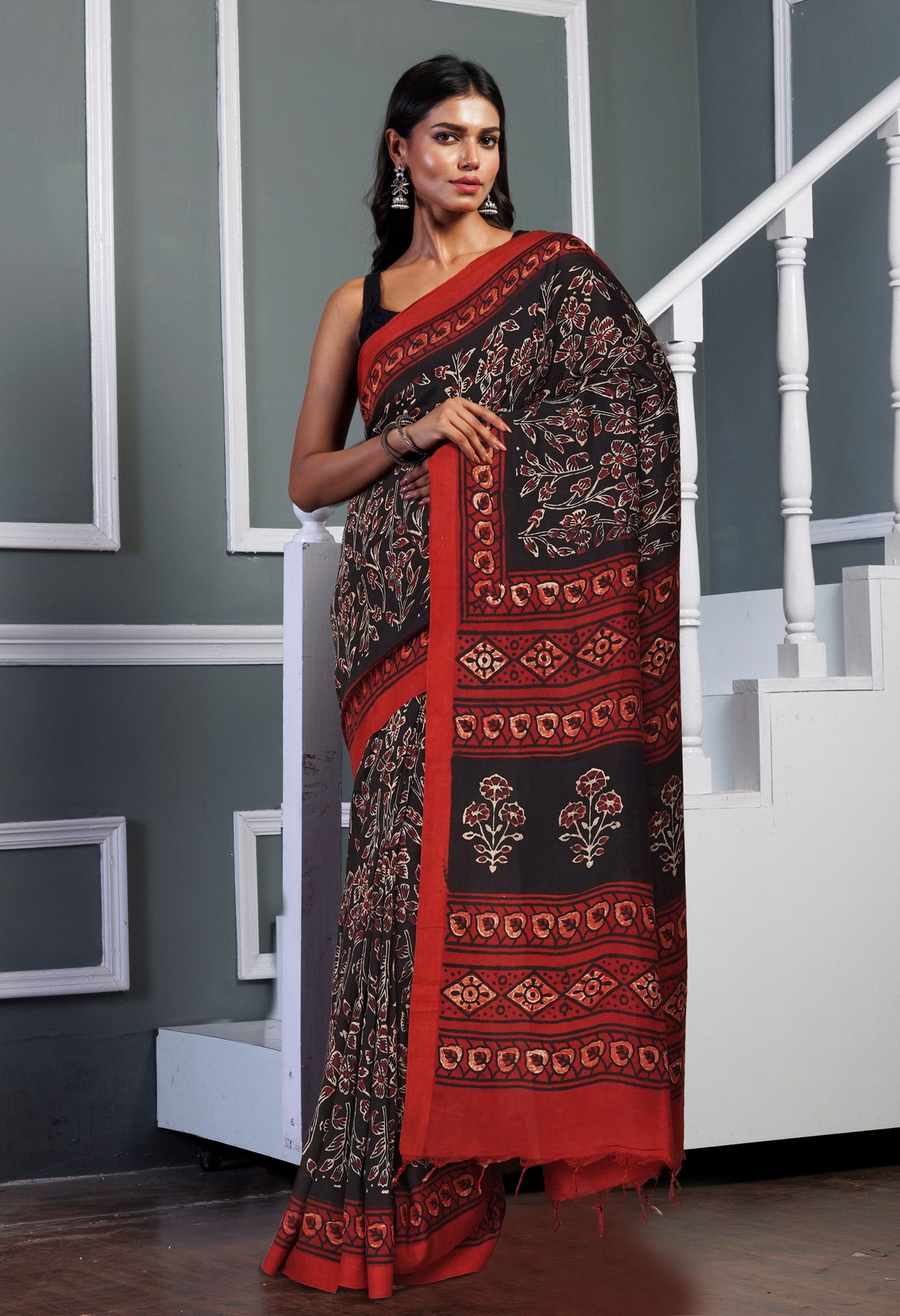 Black Pure  Ajrakh Printed Soft Silk Saree-UNM81577