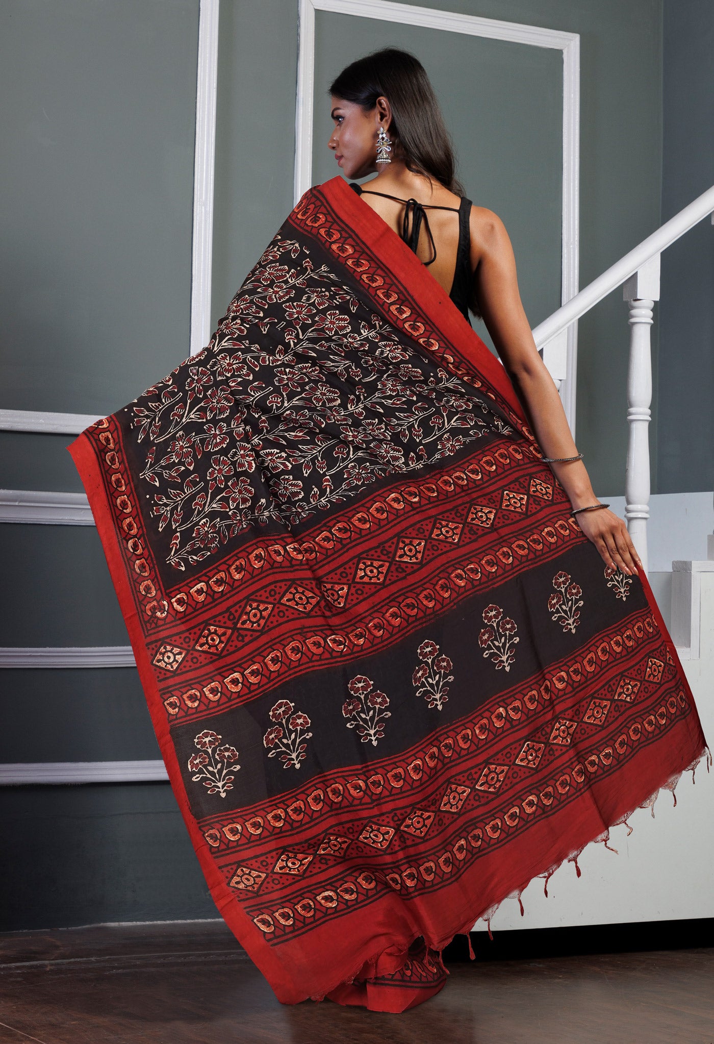 Black Pure  Ajrakh Printed Soft Silk Saree-UNM81577