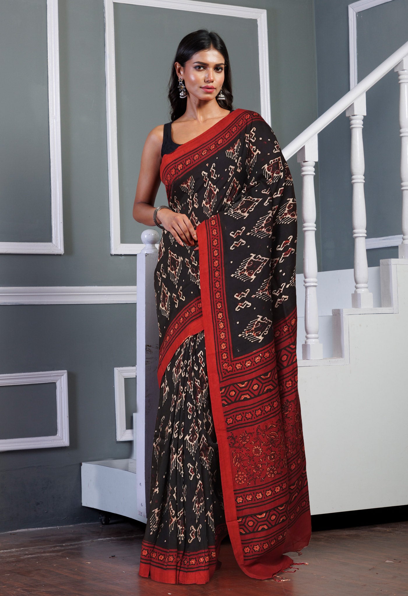 Black Pure  Ajrakh Printed Soft Silk Saree-UNM81578