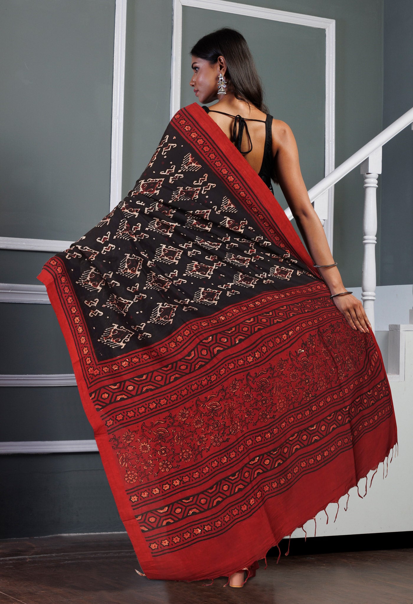 Black Pure  Ajrakh Printed Soft Silk Saree-UNM81578