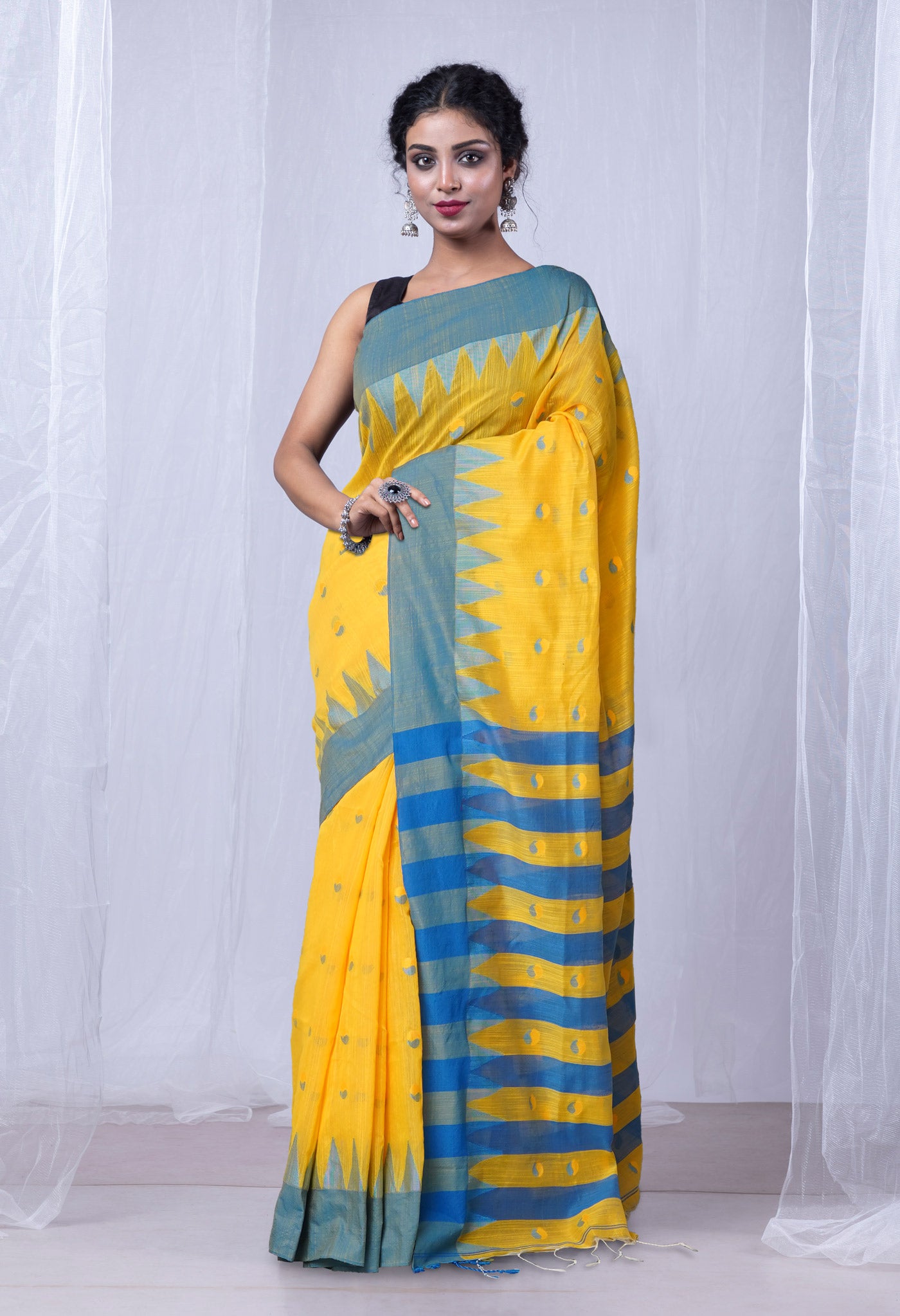 Yellow Pure Handloom Bengal Cotton Linen Saree-UNM81584