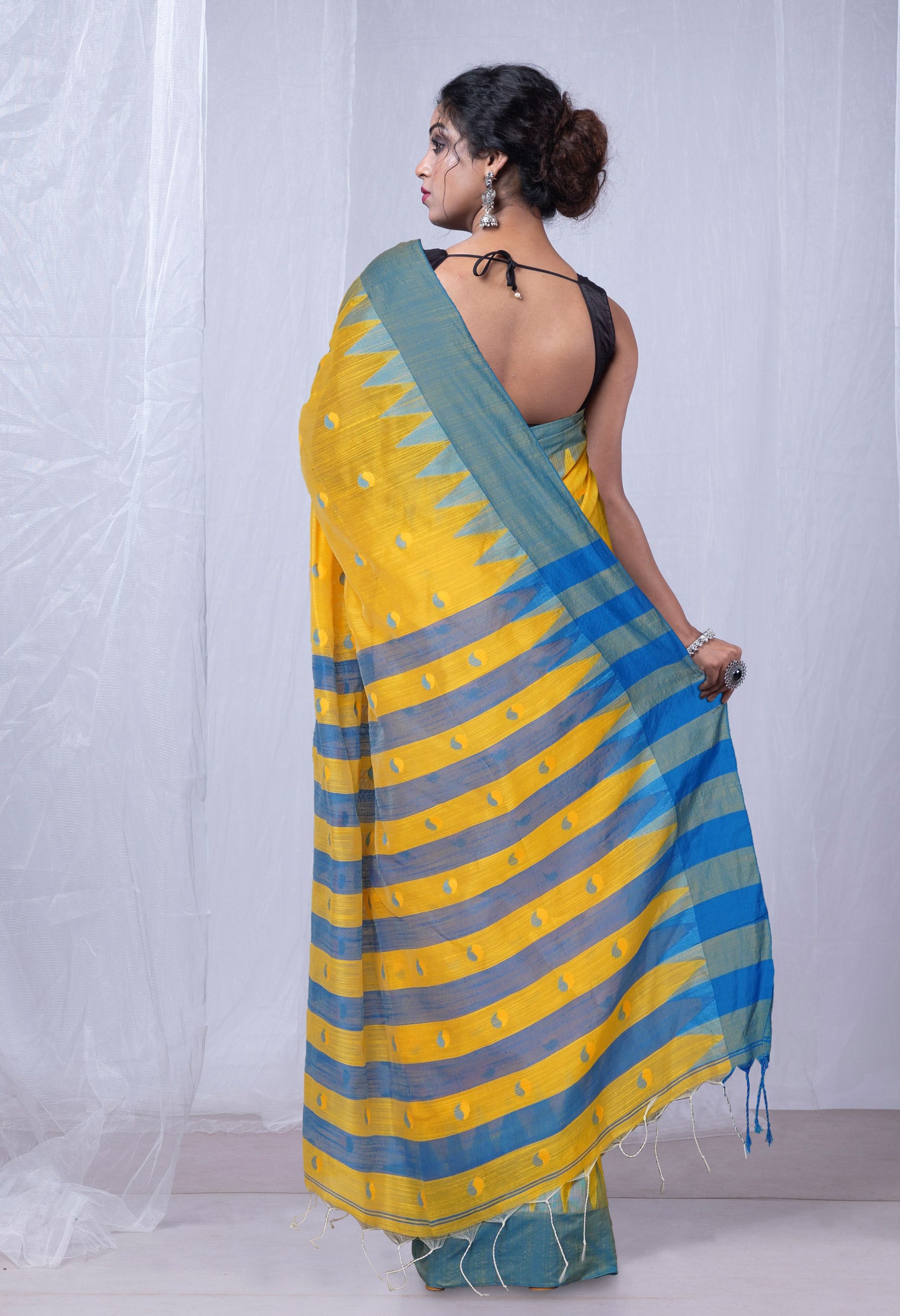 Yellow Pure Handloom Bengal Cotton Linen Saree-UNM81584