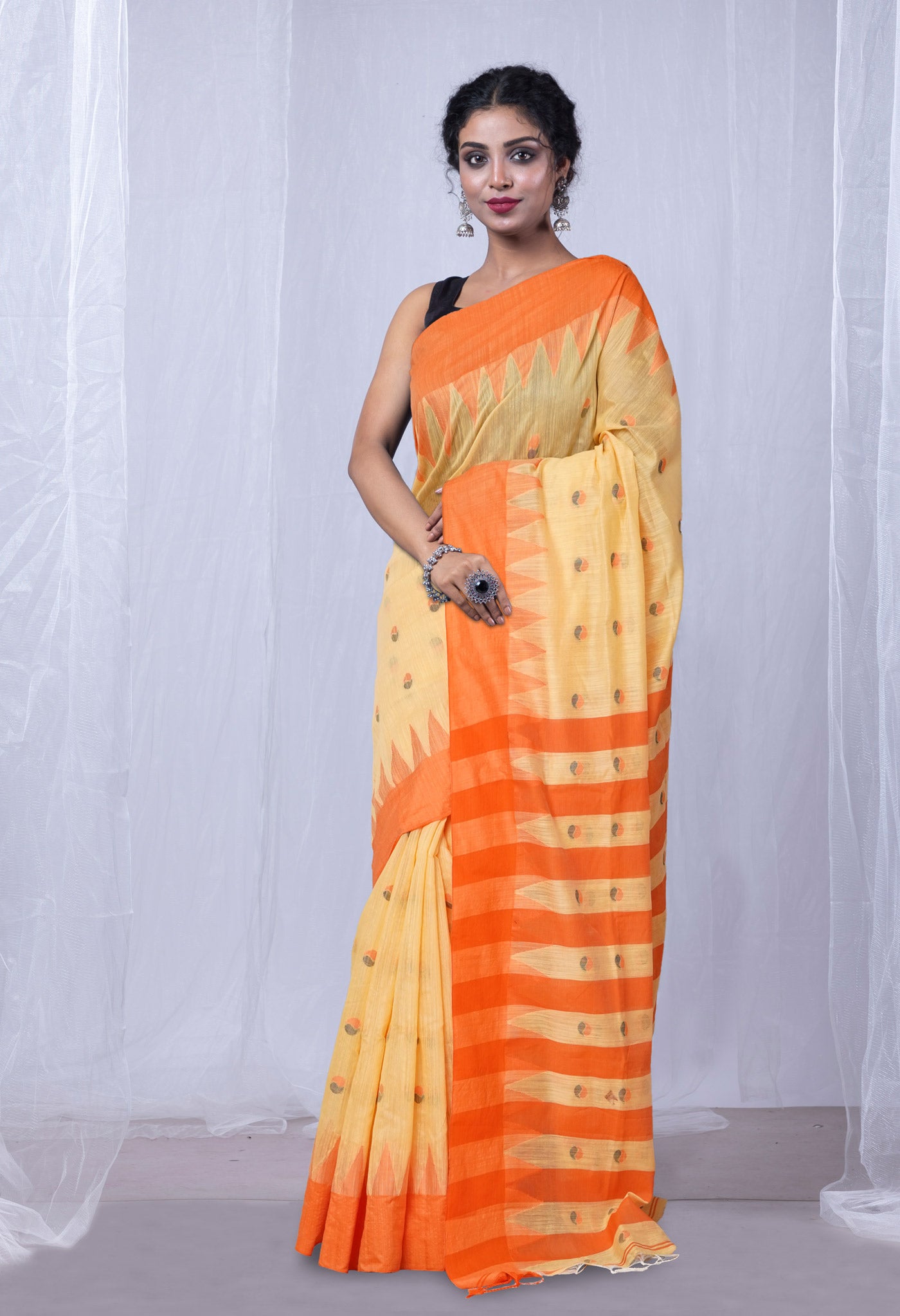 Cream Pure Handloom Bengal Cotton Linen Saree-UNM81587