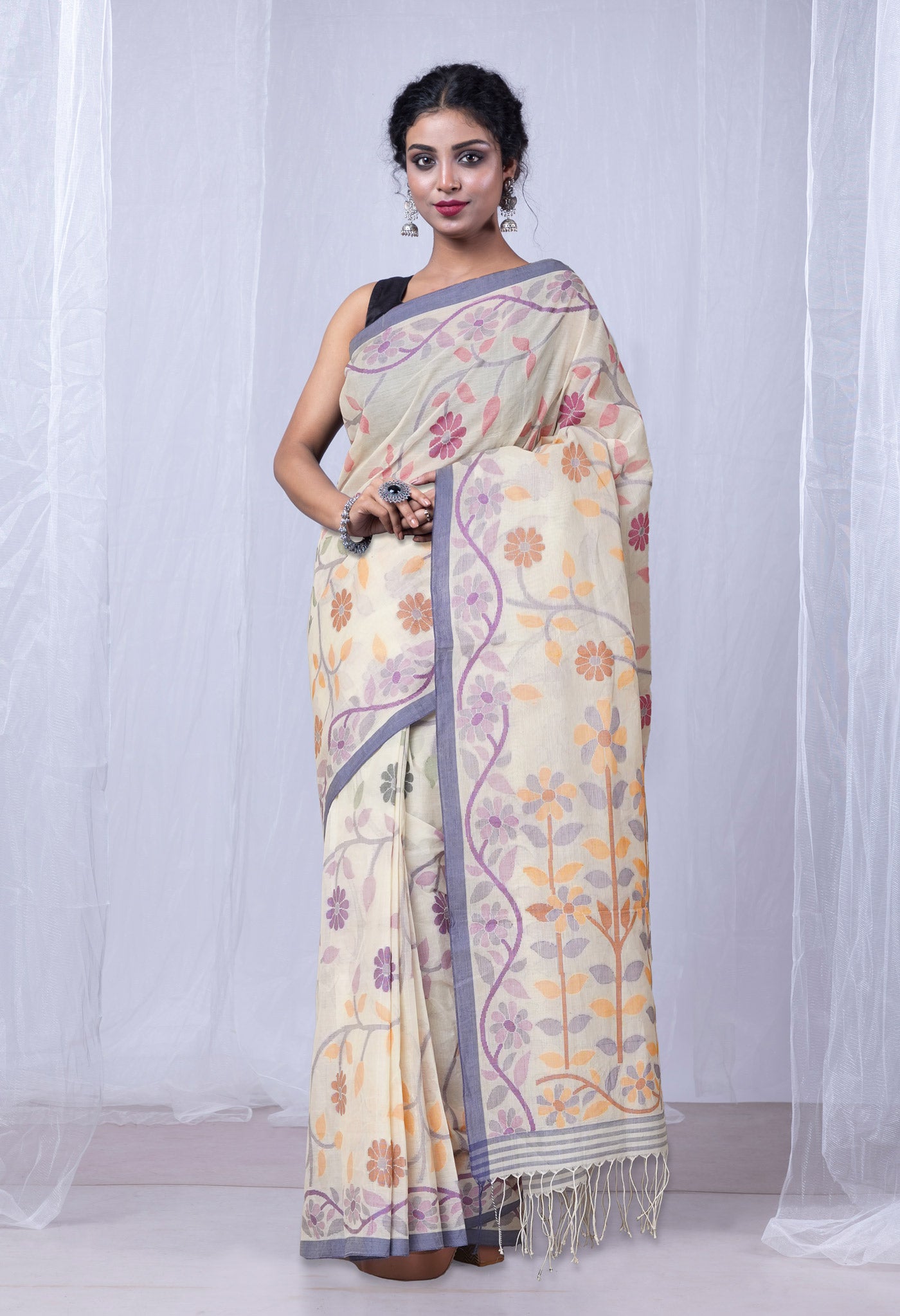 Cream Pure Handloom Bengal Cotton Saree-UNM81590