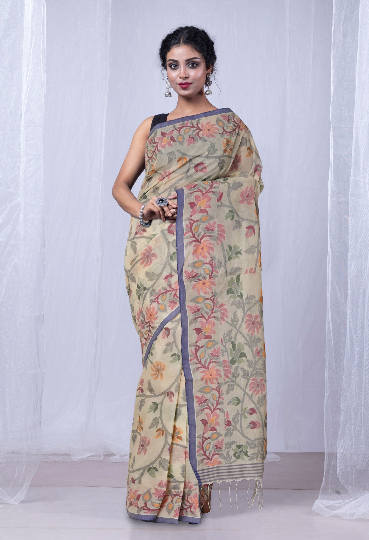 Cream Pure Handloom Bengal Cotton Saree-UNM81591