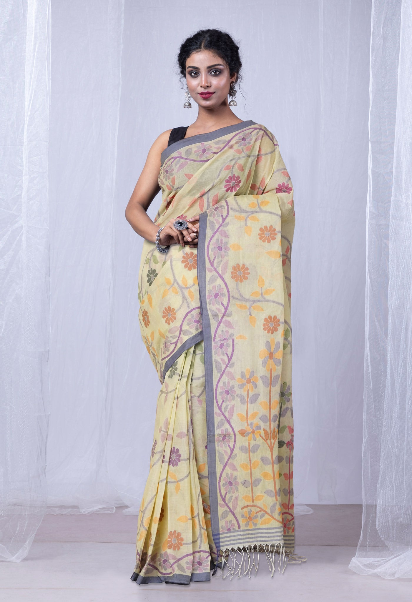 Cream Pure Handloom Bengal Cotton Saree-UNM81592