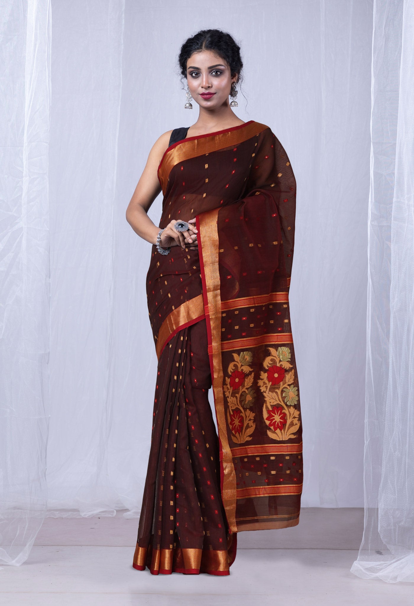 Dark Chocolate Brown Pure Handloom Maheshwari Sico Saree-UNM81600