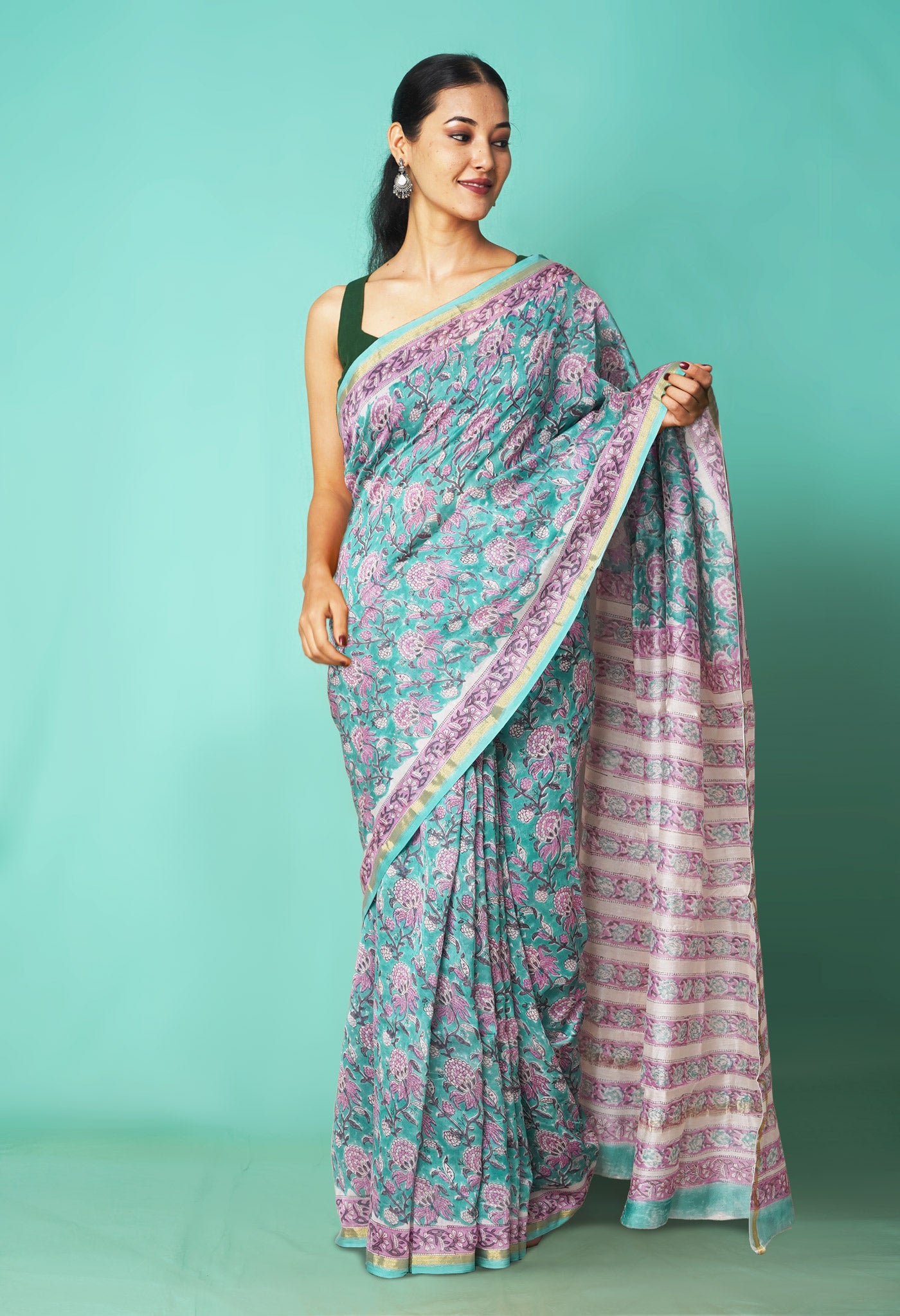 Turquoise Green Pure Hand Block Printed Chanderi Sico Saree-UNM81643