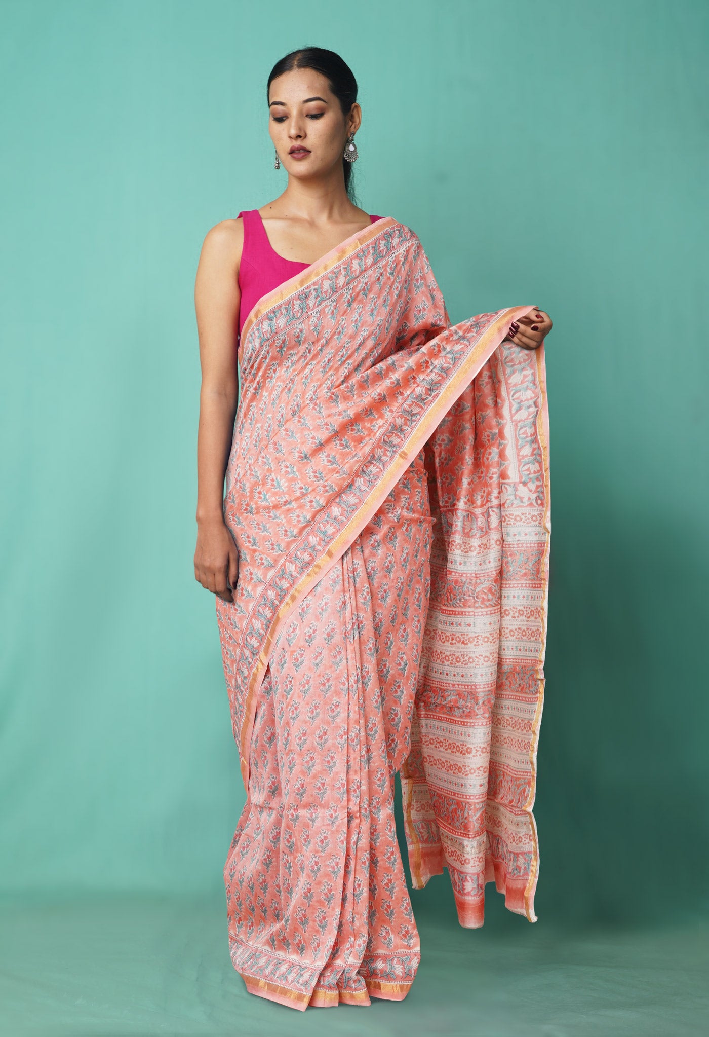 Coral Pink Pure Hand Block Printed Chanderi Sico Saree-UNM81644