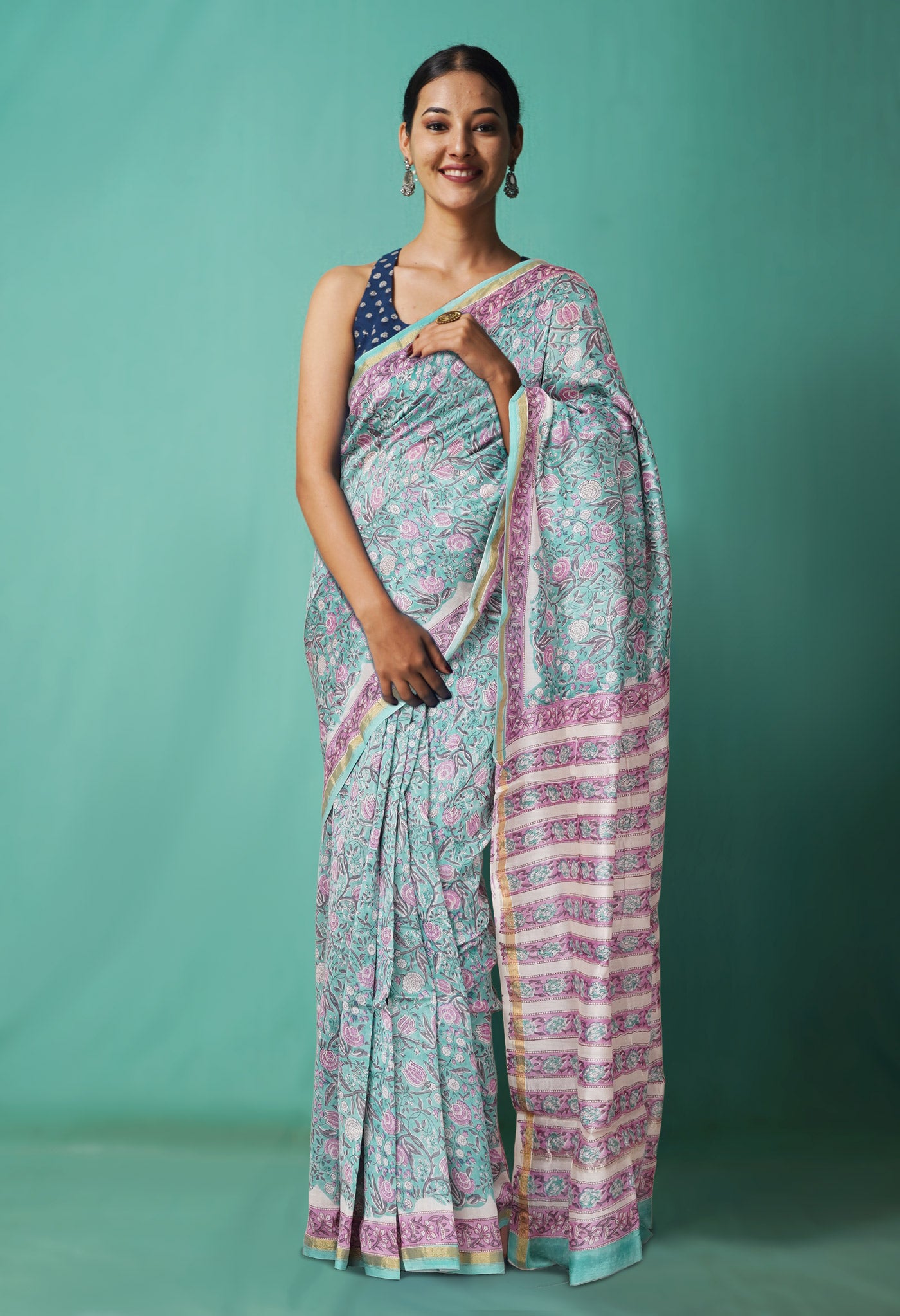 Turquoise Green Pure Hand Block Printed Chanderi Sico Saree-UNM81645