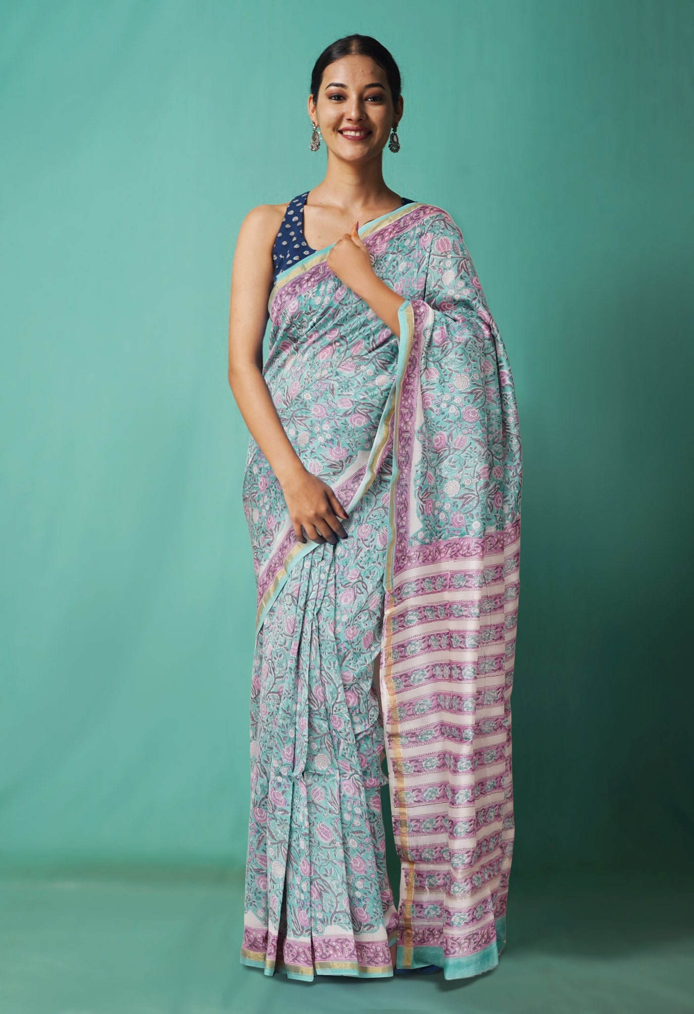 Turquoise Green Pure Hand Block Printed Chanderi Sico Saree-UNM81645