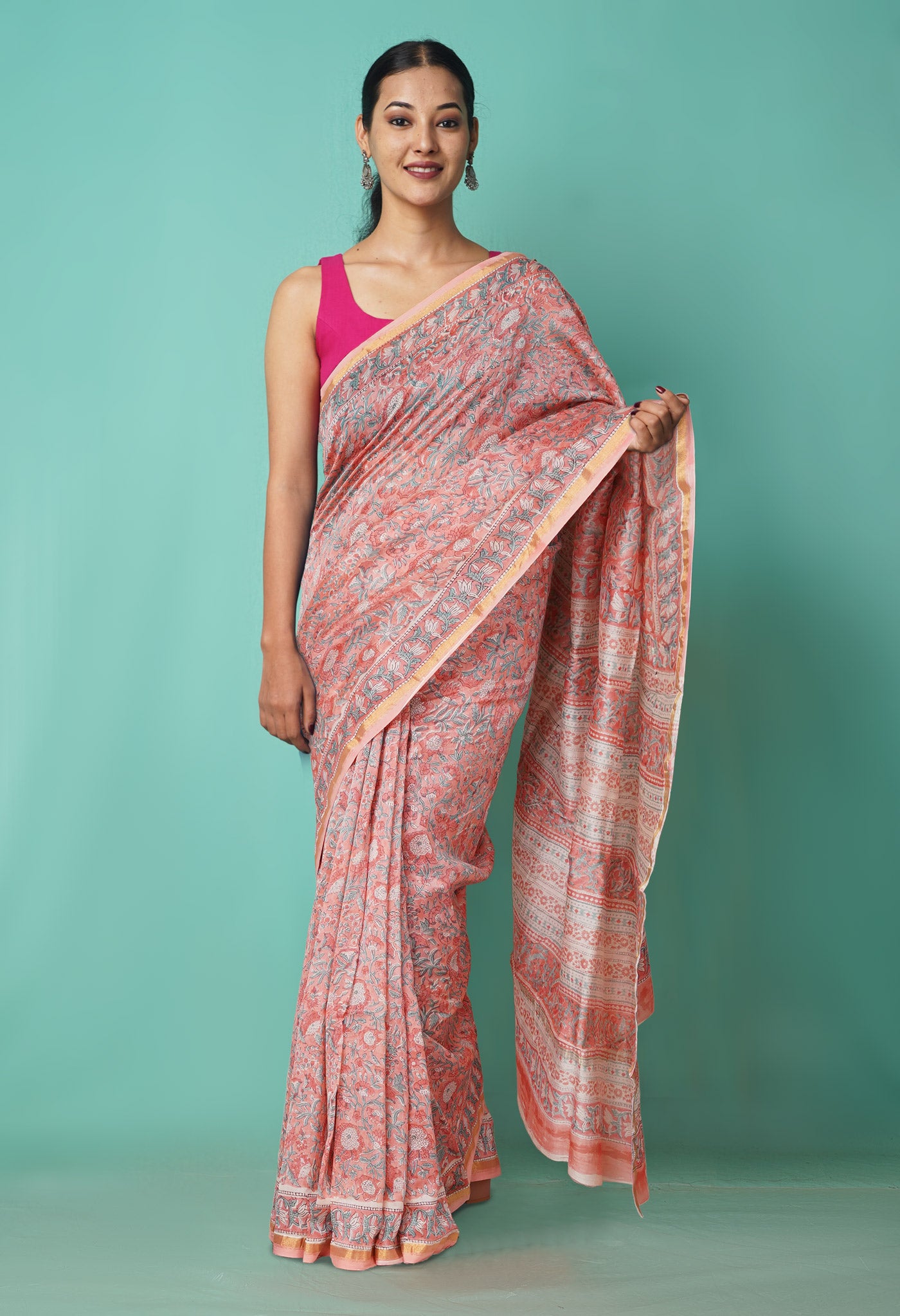 Coral Pink Pure Hand Block Printed Chanderi Sico Saree-UNM81646