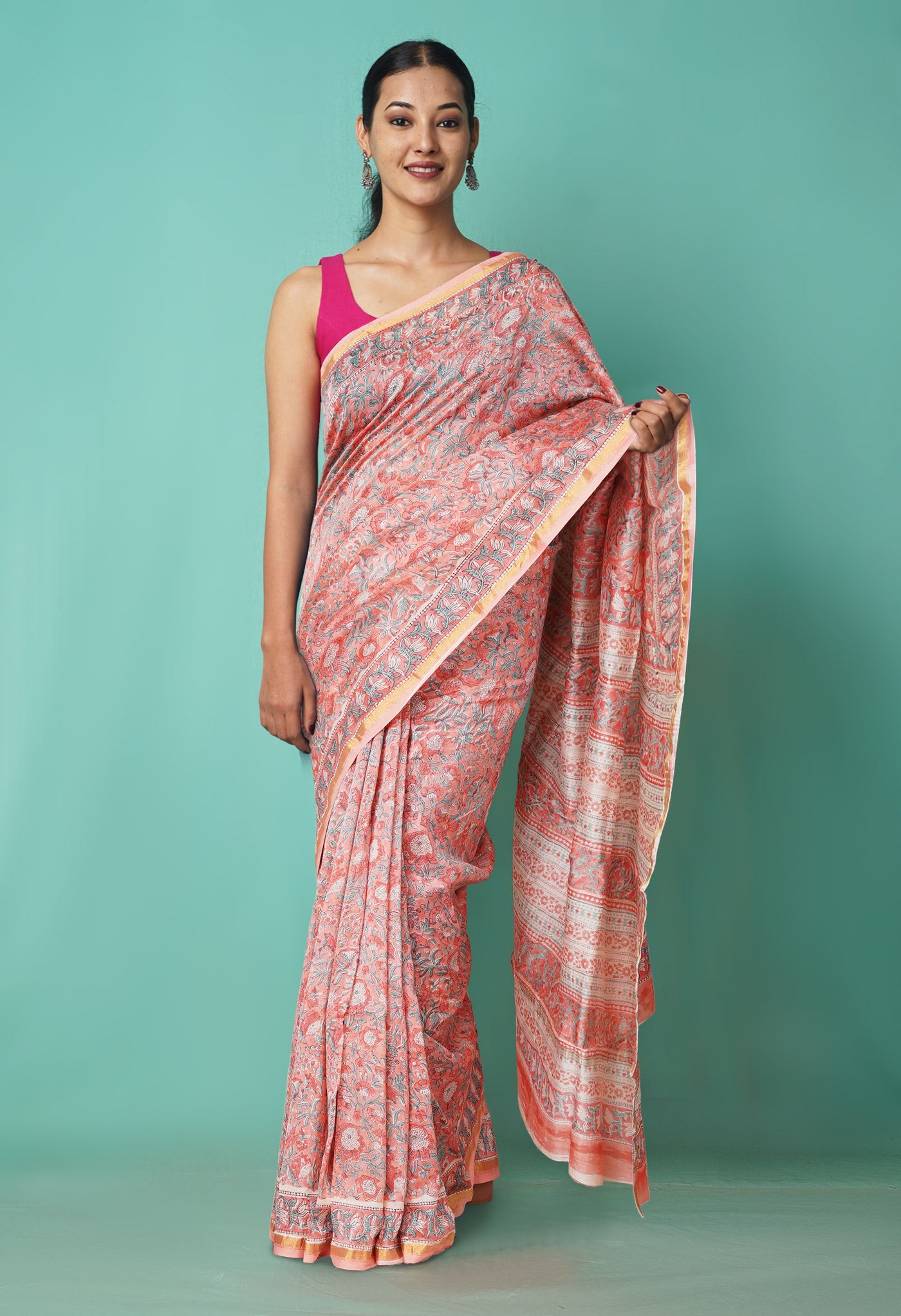 Coral Pink Pure Hand Block Printed Chanderi Sico Saree-UNM81646