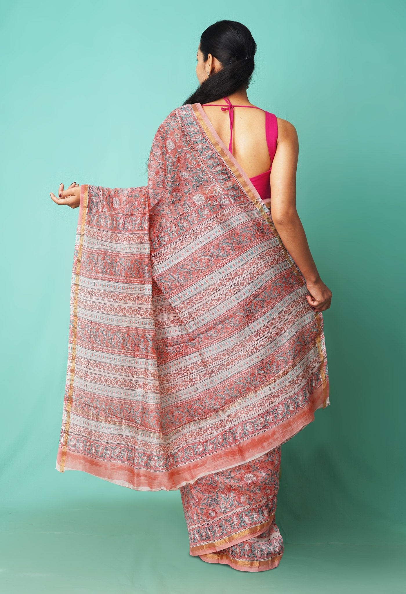 Coral Pink Pure Hand Block Printed Chanderi Sico Saree-UNM81646